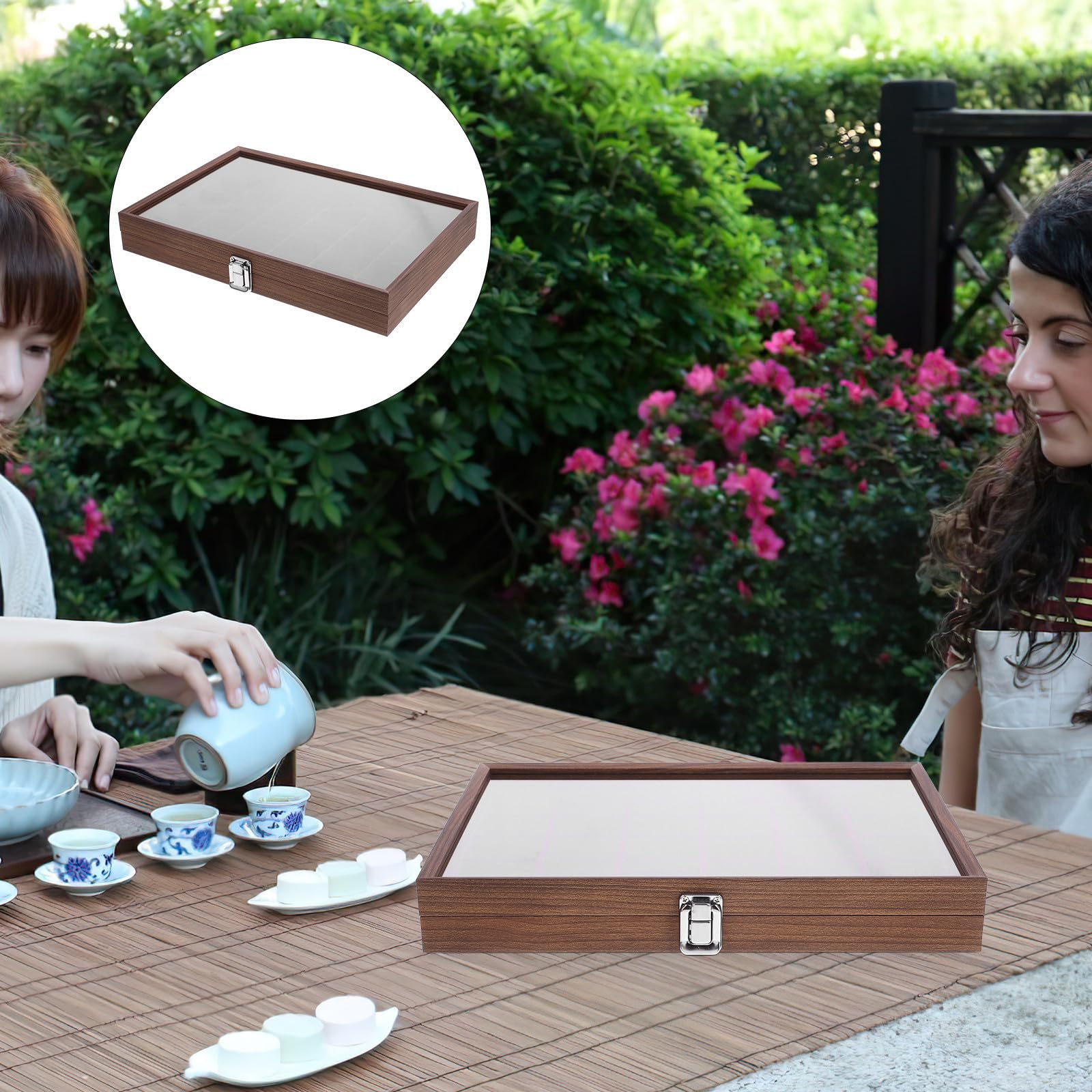 Compartiments Boîte à Thé Bois avec Couvercle Transparent Rangement Thé Épices et Sachets Style Rustique Bois de Noisetier pour Cuisine ou Bureau