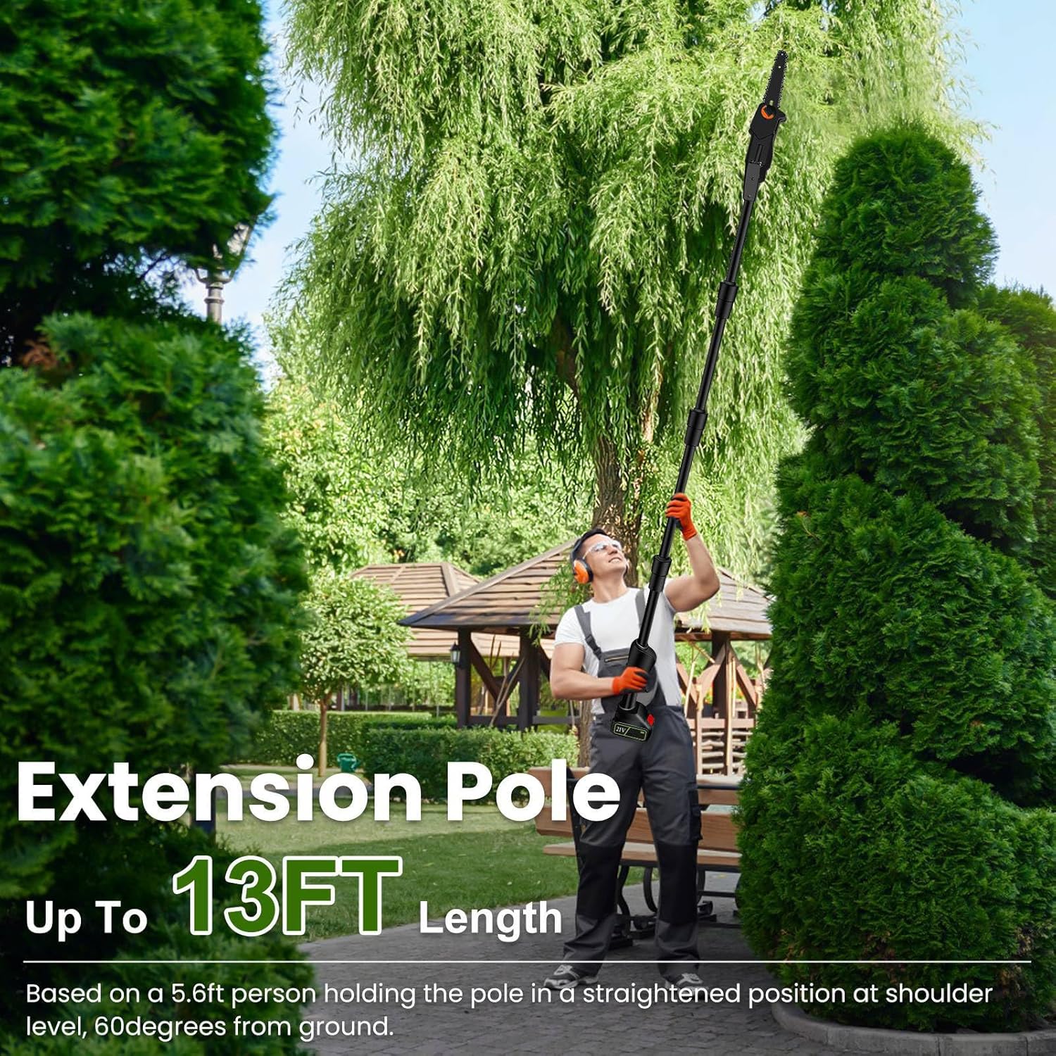 Cordless Pole Saw, 6-Inch Electric Pole Chainsaw with 21V 2PCS 3.0Ah Batteries, 35FT/S High-Speed, 13.4FT Max Reach, Adjustable Multi-Angle Pole Saw for Tree Trimming & Branch Pruning