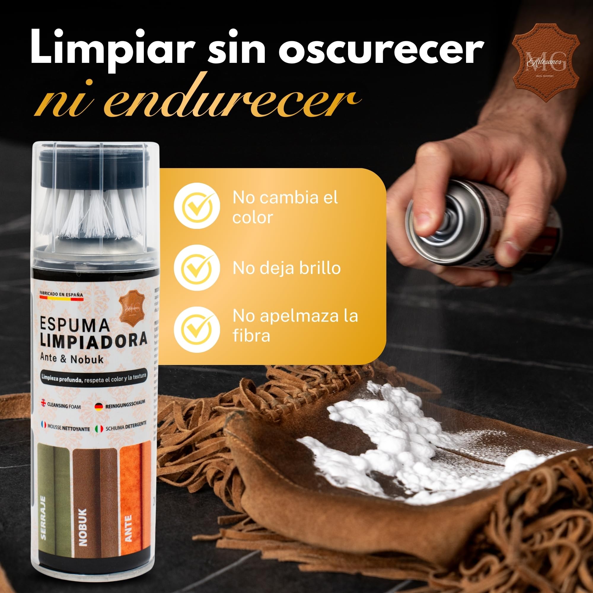 MG ARTESANOS | Spray Limpiador para Ante y Nobuk – Limpieza en Seco para Zapatillas, Botas y Bolsos, Elimina Manchas y Suciedad sin Dañar el Material