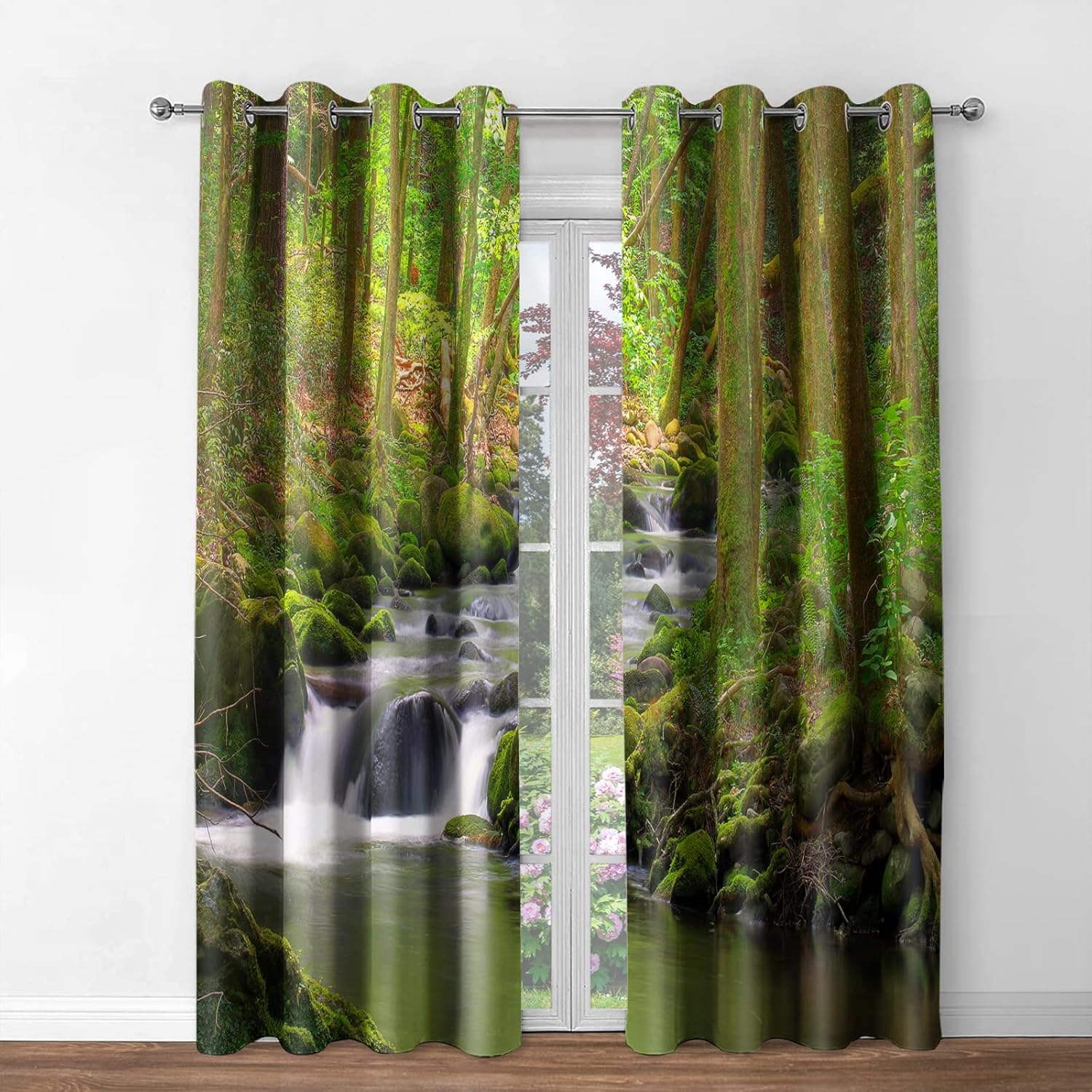 Jekeno Forest Blackout Curtains Green Trees Jungle Mountains Flowing Stream Waterfall Mossy Rocks Nature Scenery Decor Bedroom Living Room Darkening Grommet Window Drapes 2 Panel Set, 42"x54"