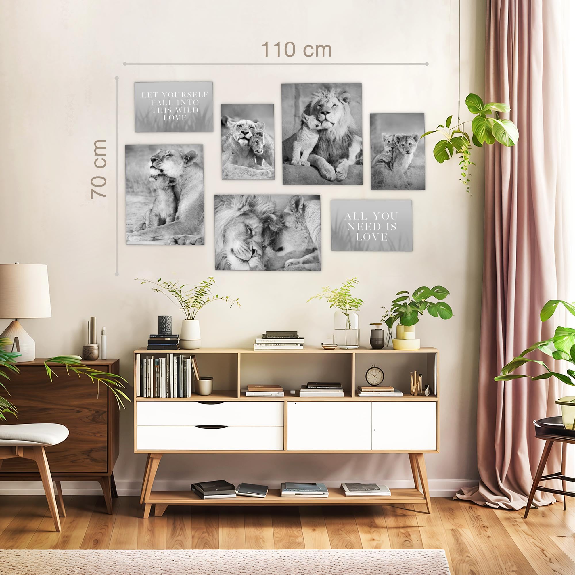 Novart Wandbilder Löwen Afrika Tiere - KOMPLETT AUFHÄNGFERTIG - Schwarz Weiss Wohnzimmer Schlafzimmer Flur - 7 Moderne Mood-Bilder - N036271b