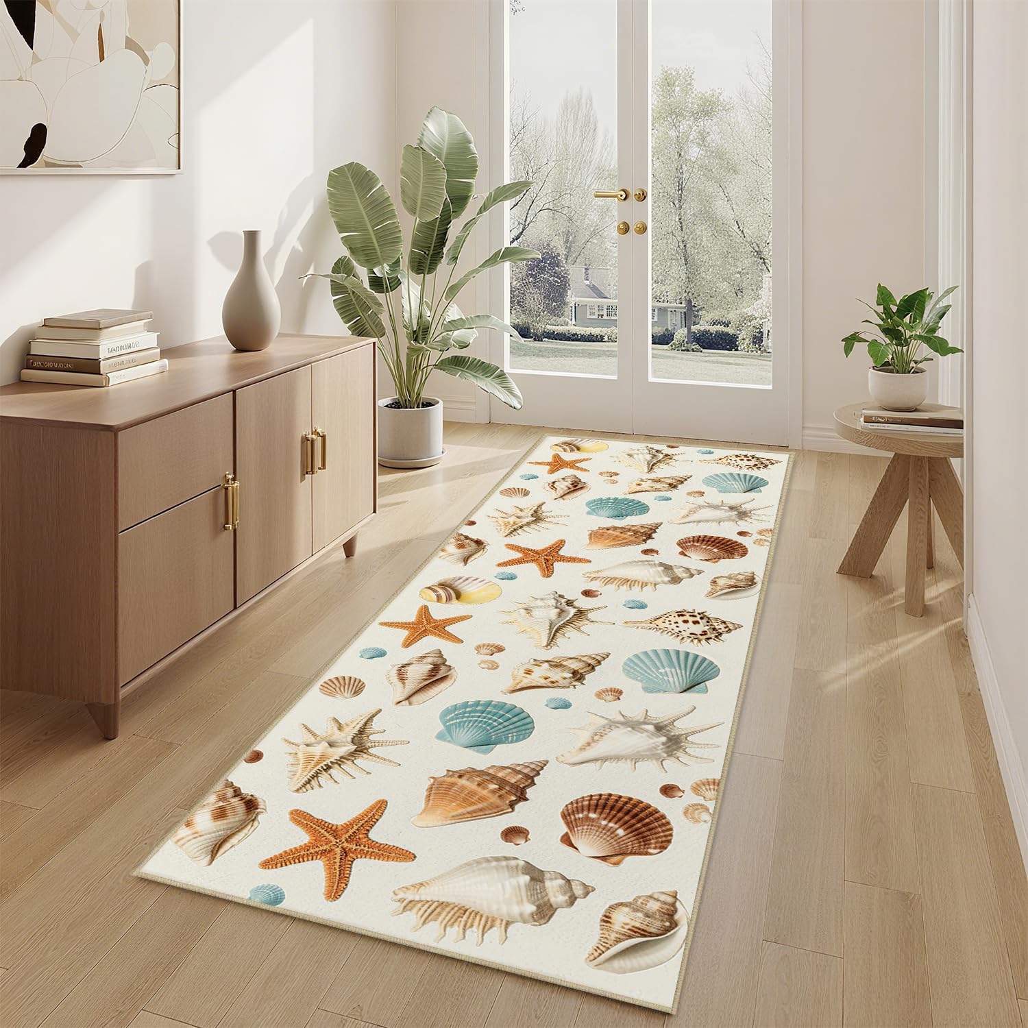 Coastal Runner Rug 2x6 for Hallway Kitchen Bedroom,Ocean Beach Nautical Themed Runner Rugs Washable Starfish Seashell Rug Non-Slip Printed Low Pile Long Floor Carpet Mat for Bedroom Laundry