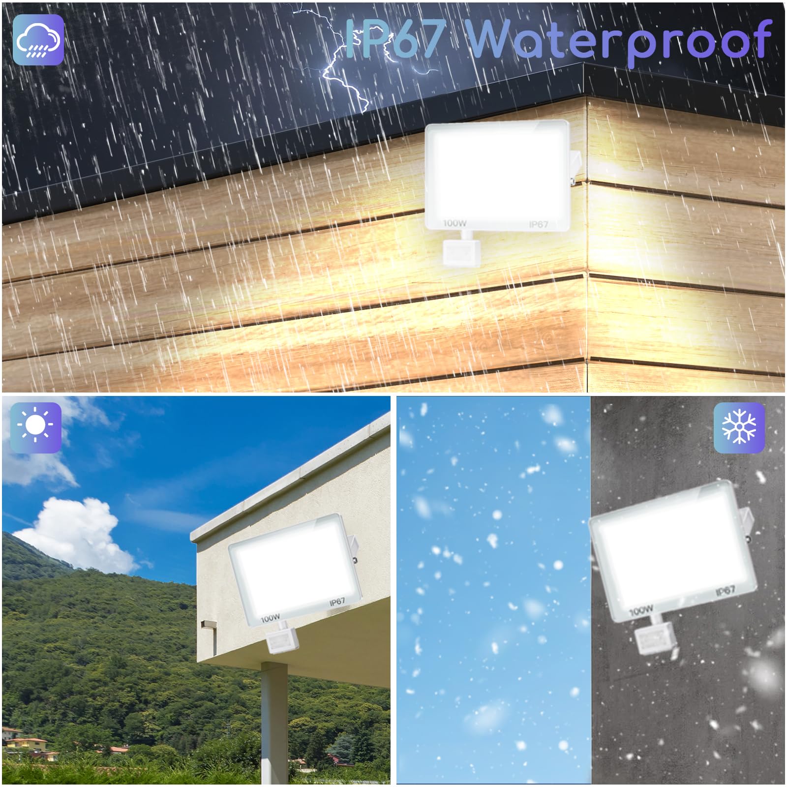 2PC Focos LED Exterior con Sensor Movimiento, 100W 10000LM Foco Proyector LED para Exterior, 6500K Blanco Frío Floodlight IP67 Impermeable Iluminación para Jardín, Garaje, Patio