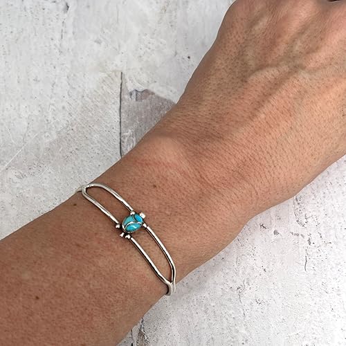 Miniatura 3 de Genuine Sleeping Beauty Turquoise Turtle Cuff Bracelet, Sterling Silver, Authentic Native American USA Handmade, Size Women's Small