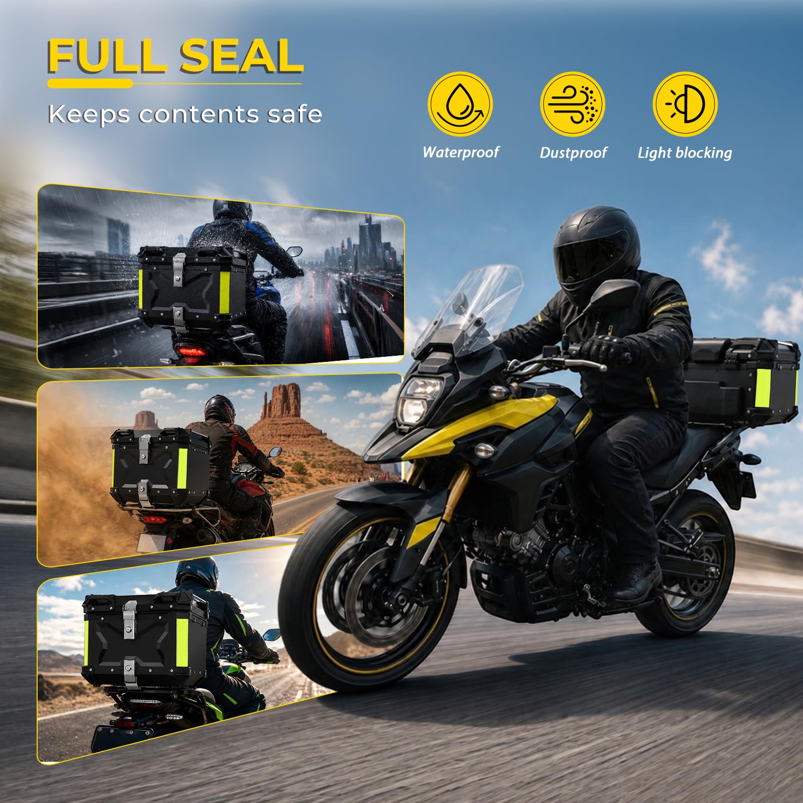 Baúl para motocicleta de aluminio de 45 L, 45 litros, maletín trasero impermeable universal, cierre rápido con cerradura, acolchado para la espalda, forro interior, caja trasera Enduro