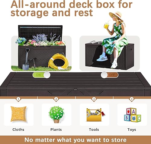 Miniatura 6 de Devoko Caja de cubierta de 100 galones, caja de almacenamiento de resina impermeable para exteriores y patio, banco de almacenamiento grande para