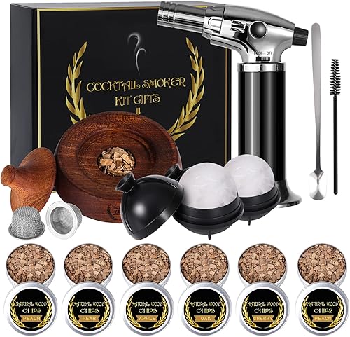 Kit de ahumador de cóctel, ahumador de whisky antiguo con antorcha, 6 tipos de chips de madera y 2 moldes de hielo, regalo de whisky para hombres,