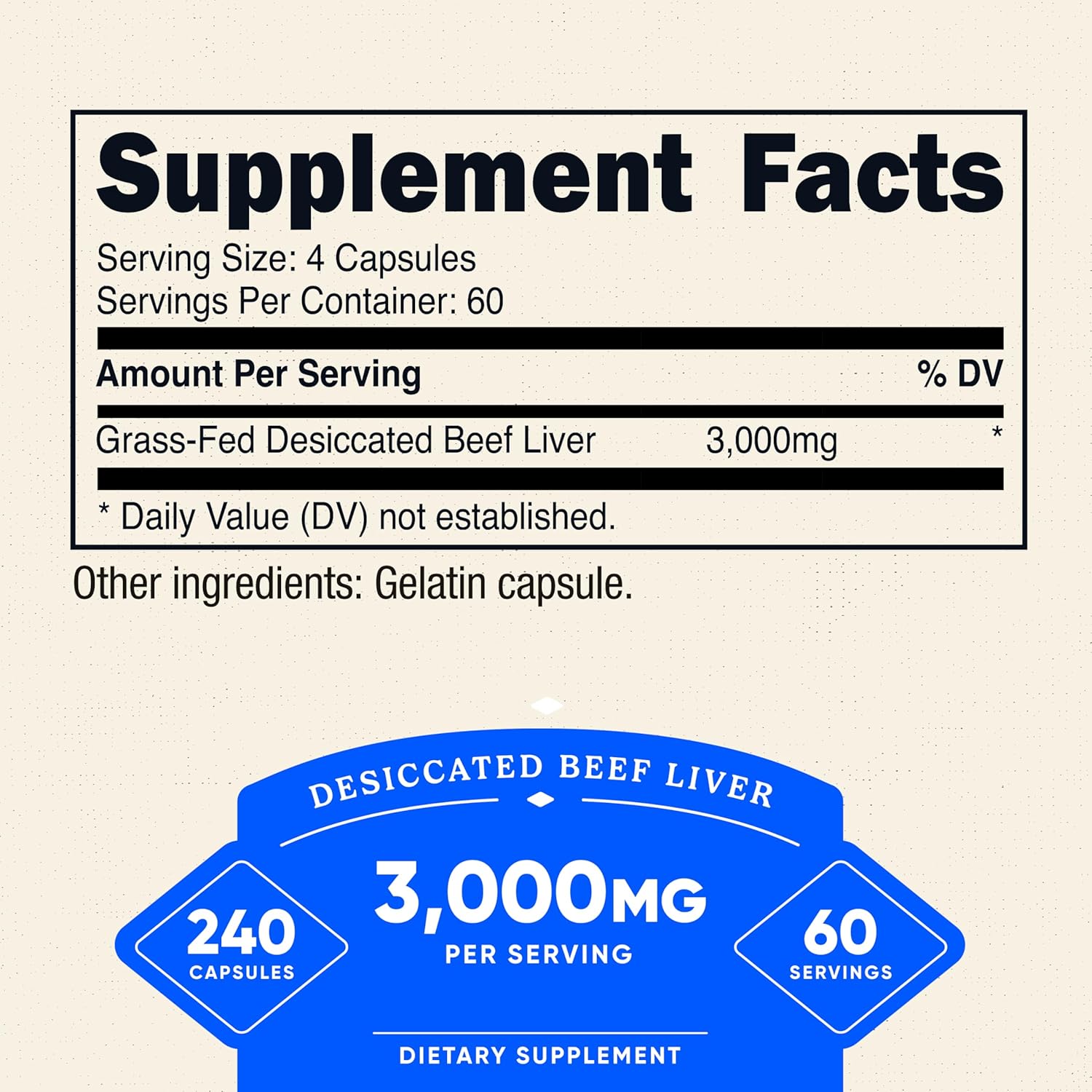 Nutricost Grass Fed Desiccated Beef Liver Capsules 3000mg Per Serv (750mg Per Cap), 240 Cap for 60 Servings - No Hormones, GMO and Gluten Free, Pasture-Raised, Free Range Beef