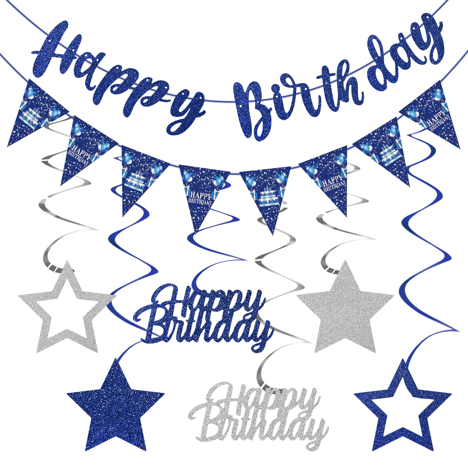 Blue Silver Birthday Decorations for Men Women, Happy Birthday Banner Hanging Swirls for Boys Girls Bday Decor Party Supplies Sign