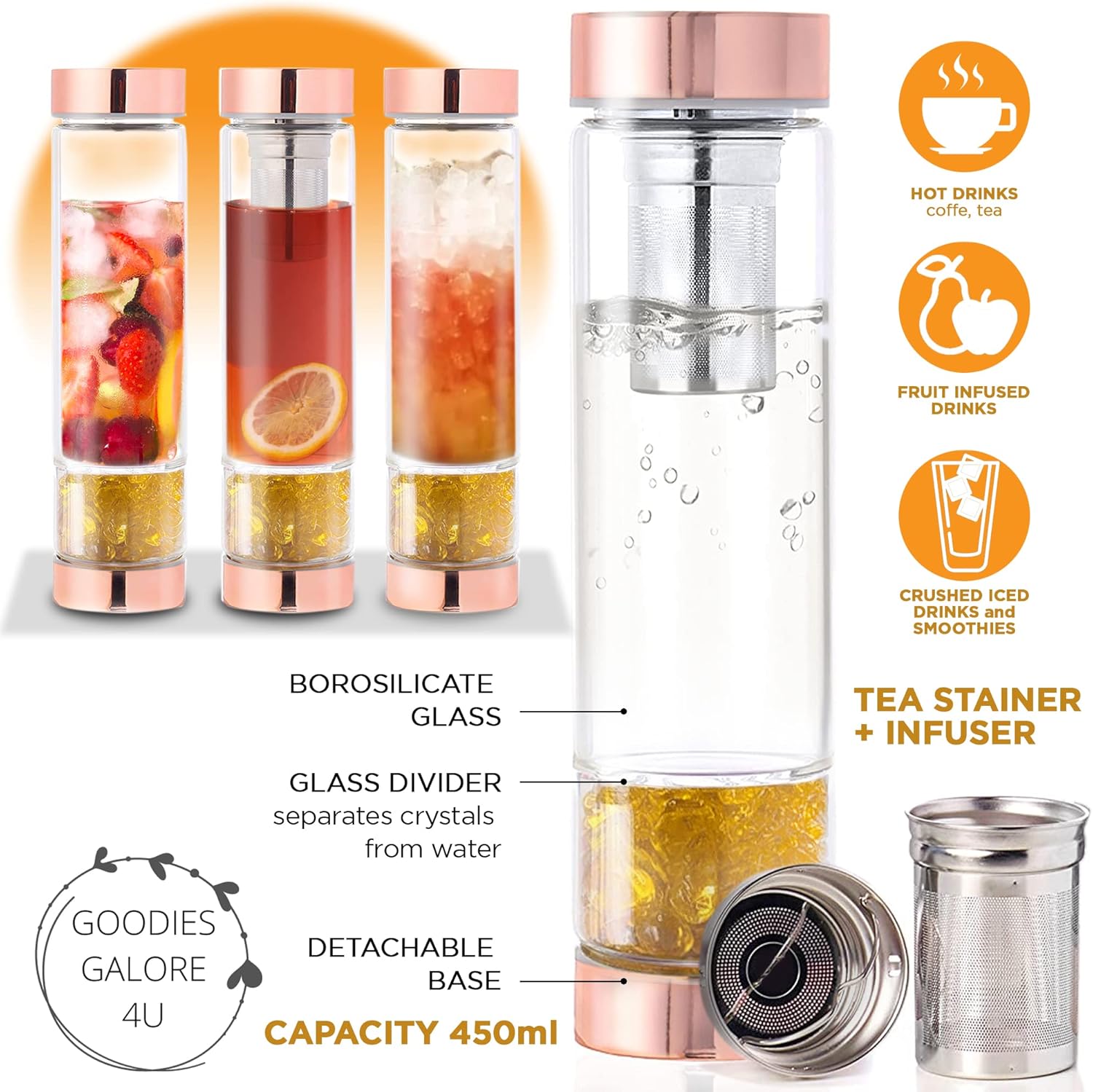 Goodies Galore 4U Citrine Crystal Water Bottle with Tea Infuser, Sleeve, Crystal Meaning Card, Loose Gem Stones, Great Healing Gifts for Women, rose