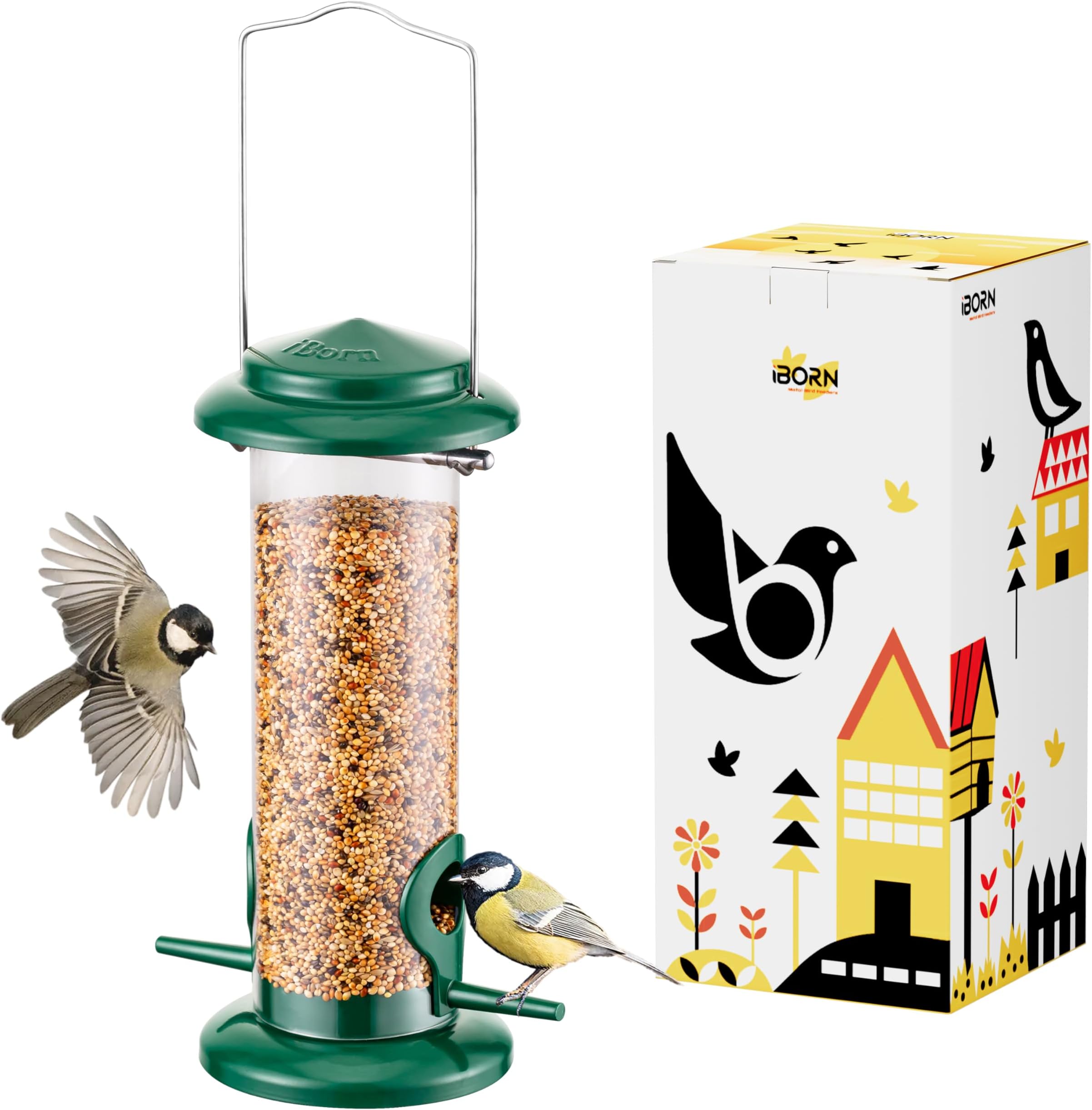 Metal Bird Feeder Hanging Wild Bird Seed Feeder for Mix Seed Blends, Niger Seed Feeder, Sunflower Heart, Birdbath, Heavy Duty All Metal Green Finishing, Green 8 Inch