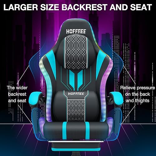 Miniatura 6 de HOFFREE Silla LED para juegos con altavoces y silla de videojuegos de masaje, grande y alta, para 400 libras, con reposapiés reclinable, respaldo