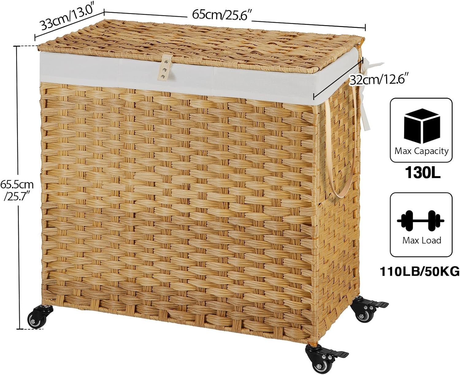 Dimensions of the Greenstell 130L Laundry Hamper: 25.6 inches length, 13.0 inches width, 25.7 inches height, with a maximum capacity of 130L and max load of 110LB