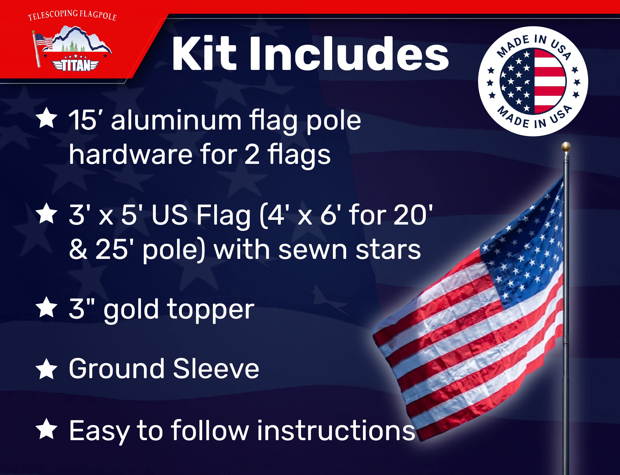 Titan Telescoping Flag Poles, 15ft Dark Bronze - Made in the USA Heavy Duty Flag Pole Kit with Anodized Aluminum Telescoping Flag Pole, 3 x 5 American Flag, Hardware for 2 Flags, Assembly Instructions