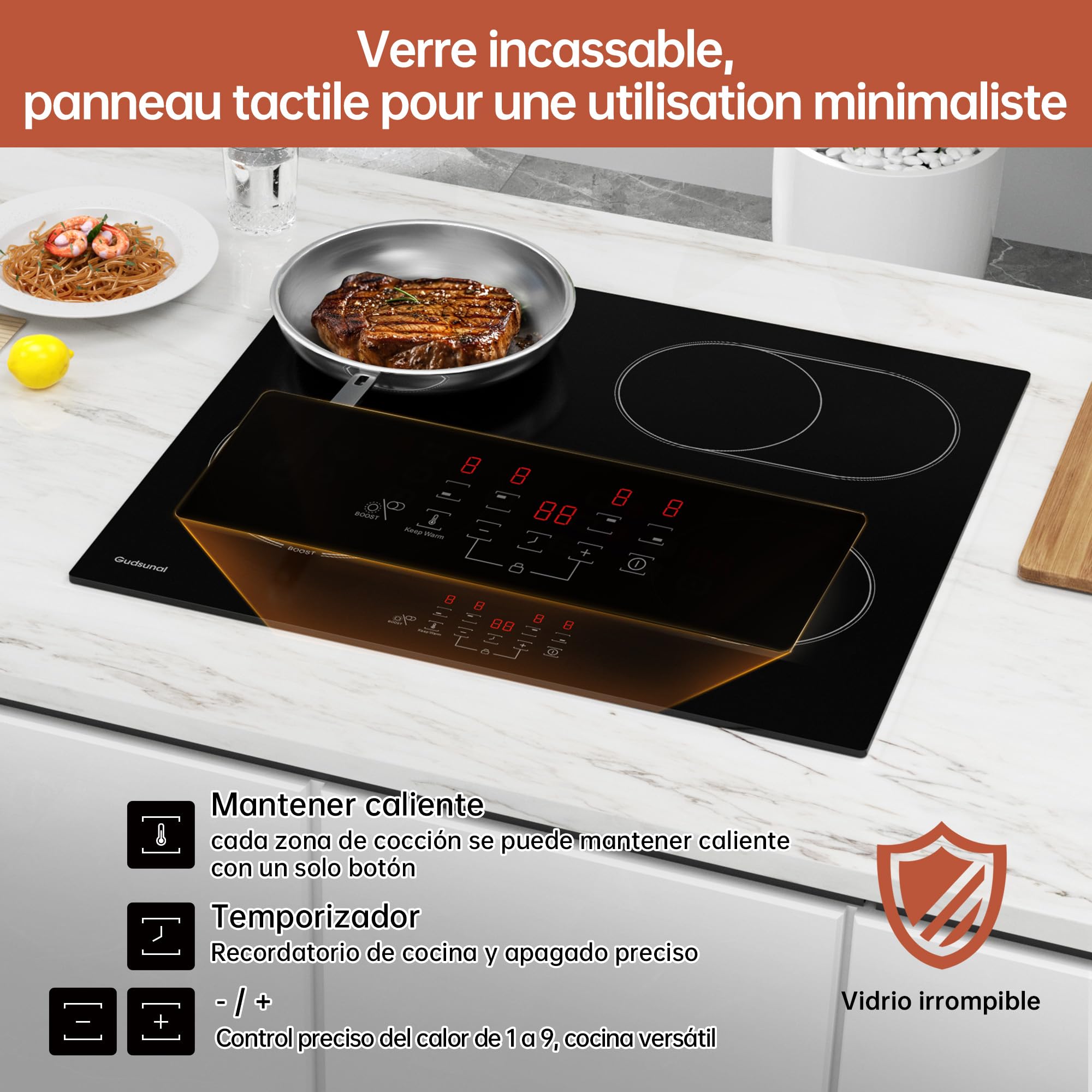 Placa vitrocerámica de 60 cm con 4 placas, 6,6 kW, zona de tostado, zona de cocción doble, 9 niveles de calor, temporizador, apagado automático, seguridad infantil, 4 placas de cocción