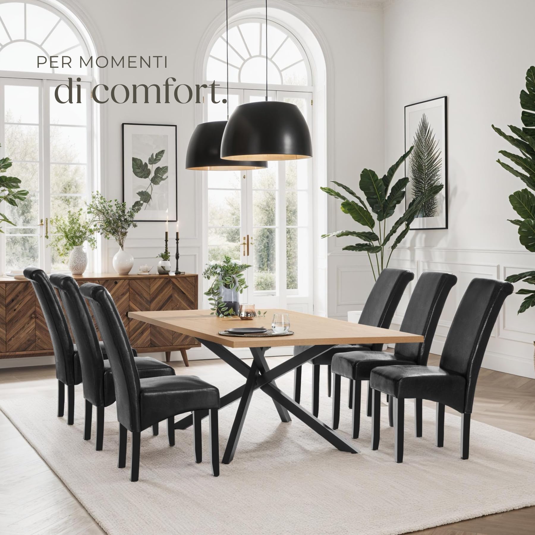 tectake® Set 6 Sedie Sala da Pranzo Ergonomiche, Sedie Moderne Sala da Pranzo con Gambe in Legno Massiccio, Sedie Comode per Ideali per Soggiorno e Cucina, Design Elegante - Nero