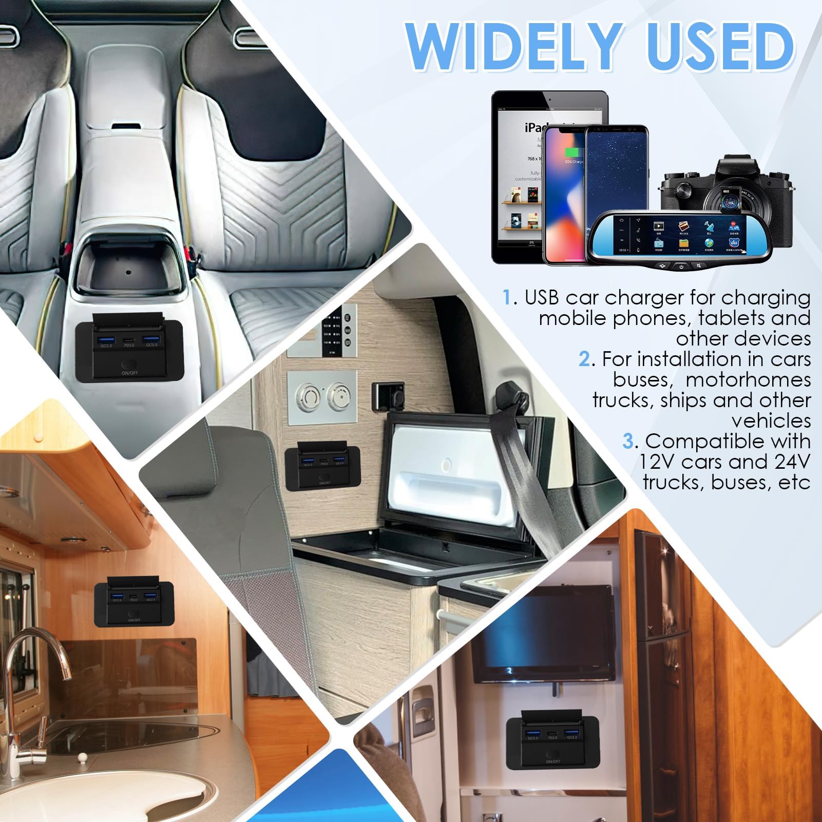Presa USB 12V, 72W Ricarica Rapida, Dual QC3.0 e PD3.0 Ports Charging Socket Panel con pulsante ON/Off, Impermeabile per 12V -24V Caravan, Marine, Camper, Car, Autobus