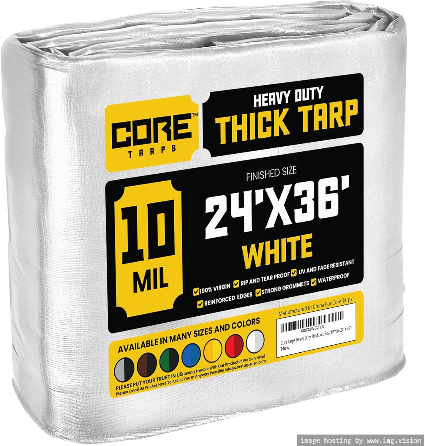 Core Tarps Heavy Duty 10 Mil Tarp Cover, Waterproof, UV Resistant, Rip and Tear Proof, Poly Tarpaulin with Reinforced Edges for Roof, Camping, Patio, Pool, Boat (White 24 X 36)