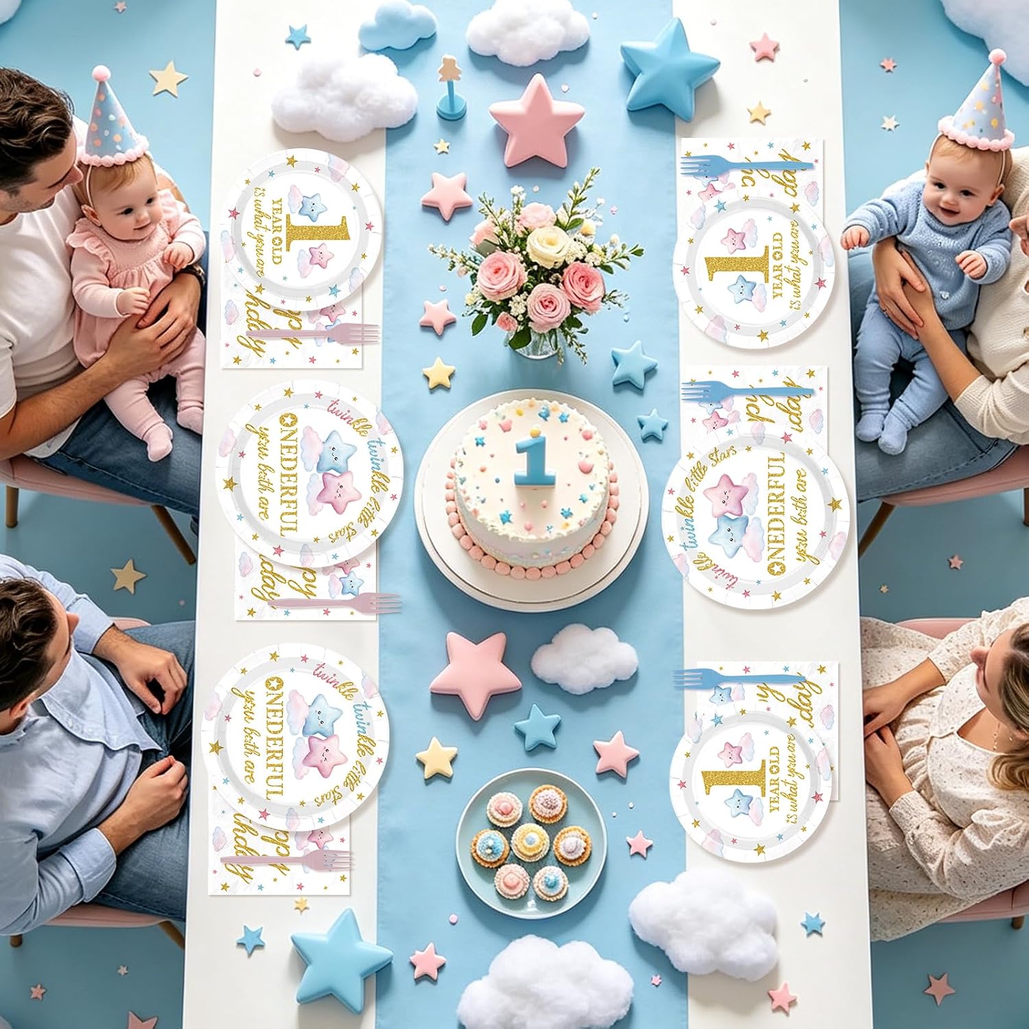 96Pcs Twins 1st Birthday Party Decorations Twinkle Twinkle Little Star Plates and Napkins Twins Baby Shower Tableware Set for Boys Girls One Year Old Birthday Gender Reveal Party Supplies Serves 24