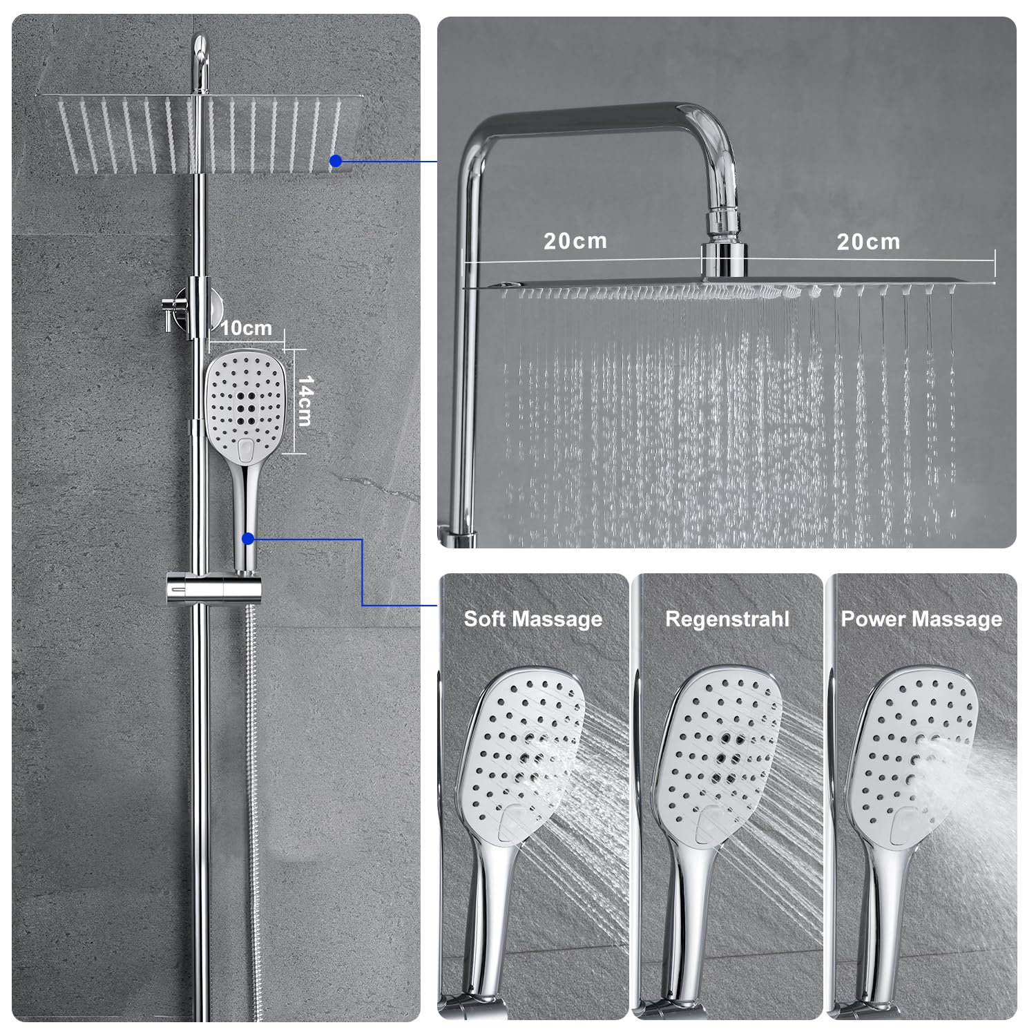 JOHO Colonna Doccia senza Miscelatore Termostatico in Acciaio INOX 304 Cromato Colonna Doccia idromassaggio Set Doccia a Pioggia con Soffione e Doccetta a Mano (20×20cm Quadrato)