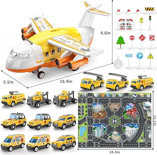 Miniatura 10 de TEMI Juguetes de avión para niños de 3 años, juguete grande de transporte de avión con 12 vehículos de construcción y tapete de juego, juguetes para