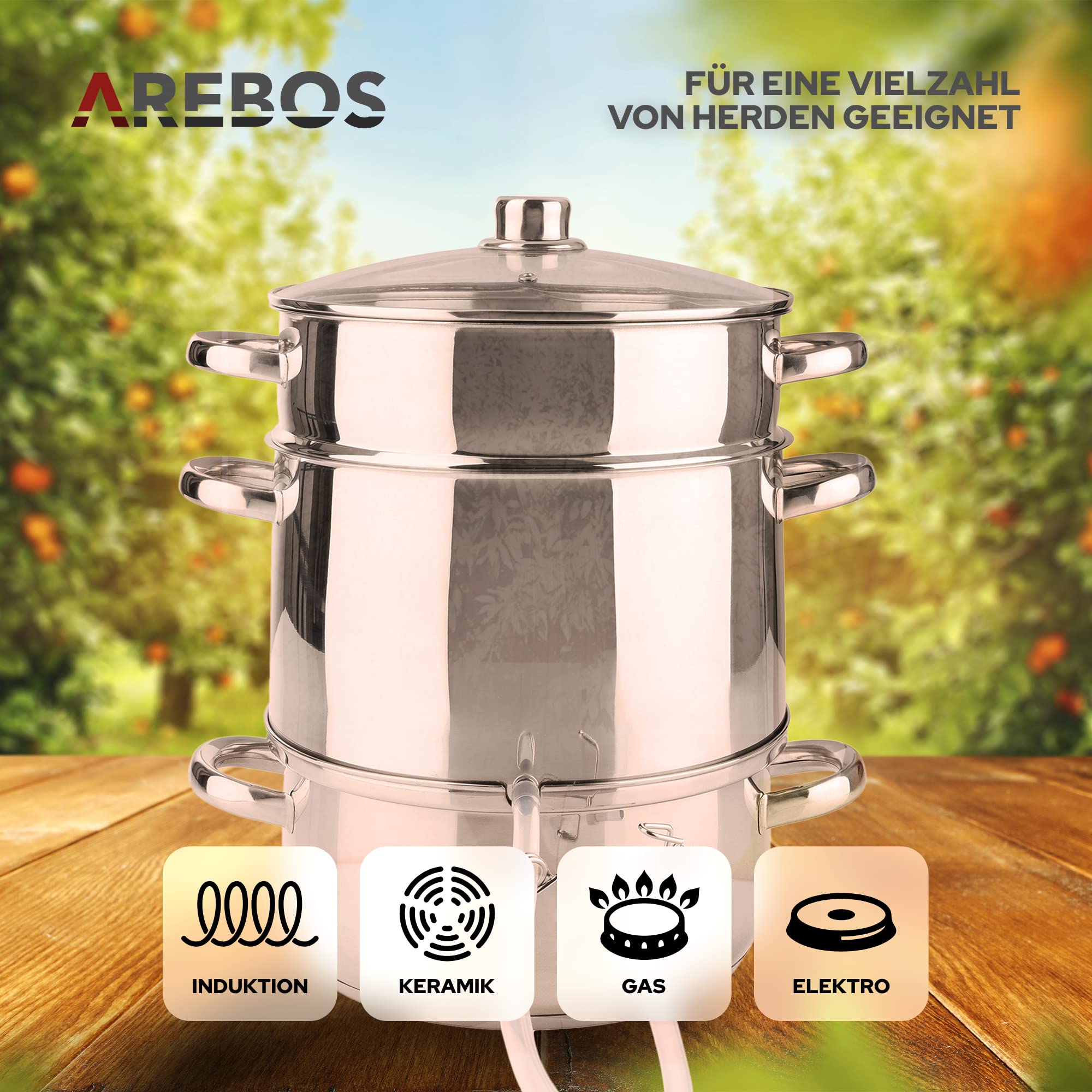 Arebos Dampfentsafter | 15 L | Edelstahl | für alle Herdarten geeignet auch Induktion| Ø 26cm | spülmaschinengeeignet | Induktionsdampfentsafter
