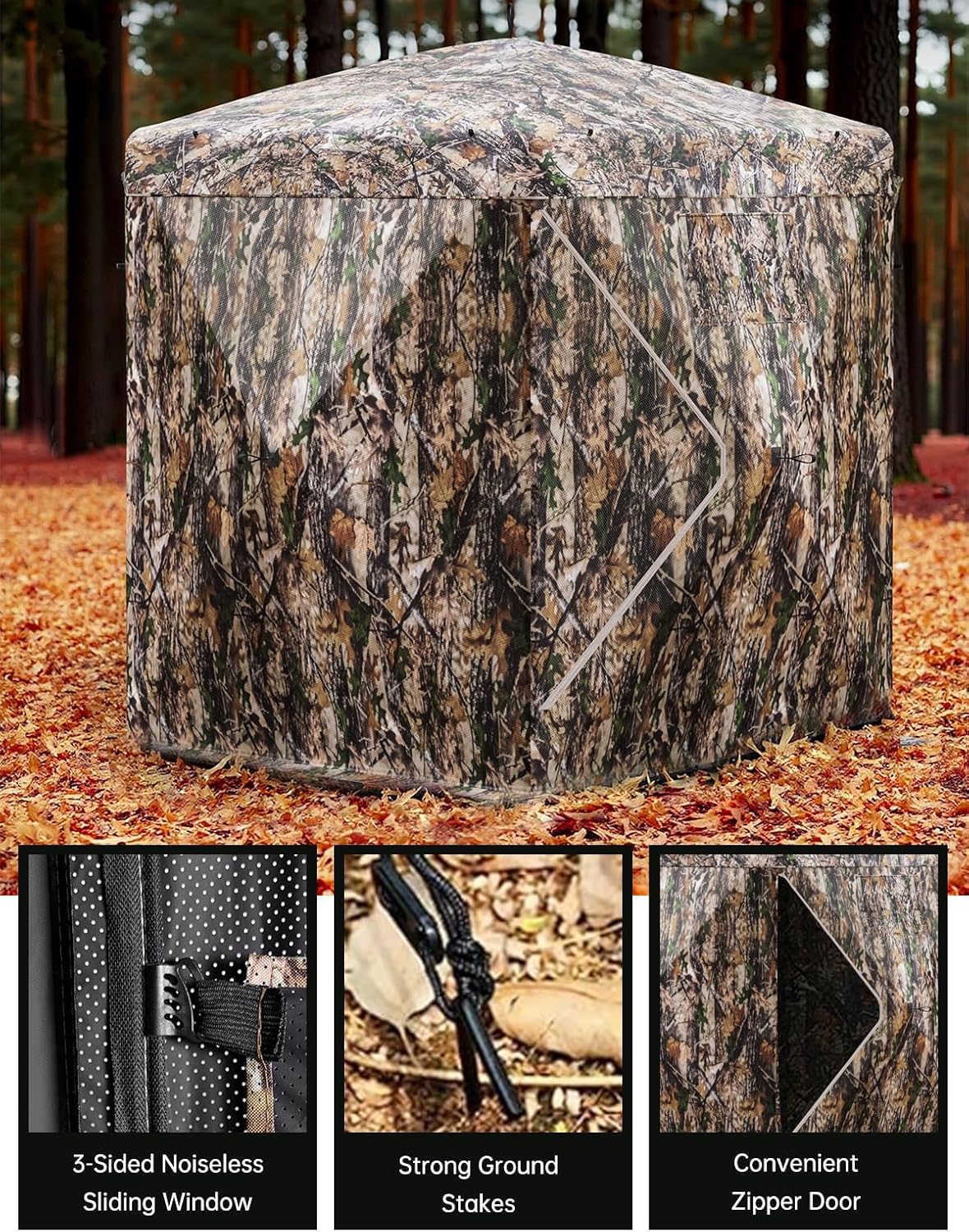 270° Camouflage Hunting Blind Portable Pop-Up Tent with Shoot-Through Mesh, Waterproof Ground Blind for Deer Hunting, 2-3 & 3-4 Person Capacity & Carry Bag
