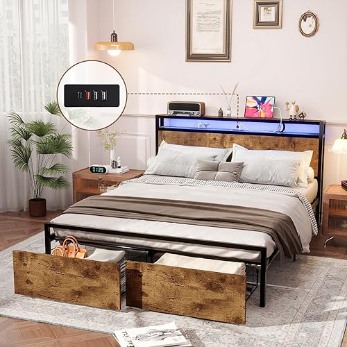 Miniatura 54 de Base de cama de tamaño matrimonial con cabecero, plataforma LED con 4 cajones de almacenamiento, estación de carga integrada, sin ruido, base de