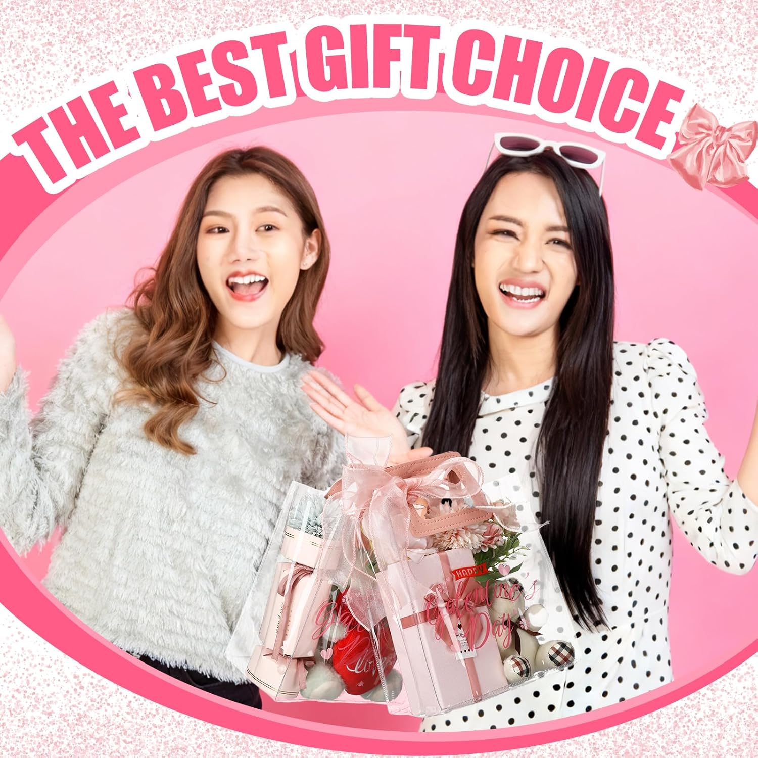 Gueevin 12 Pcs Galentine's Day Gift Bags Pink Plastic Galentines Clear Gift Bags with Handle and Sheer Ribbon 7 x 4 x 8 Inch Reusable Transparent PVC Totes for Her Valentines Birthday Party Supplies - Image 4