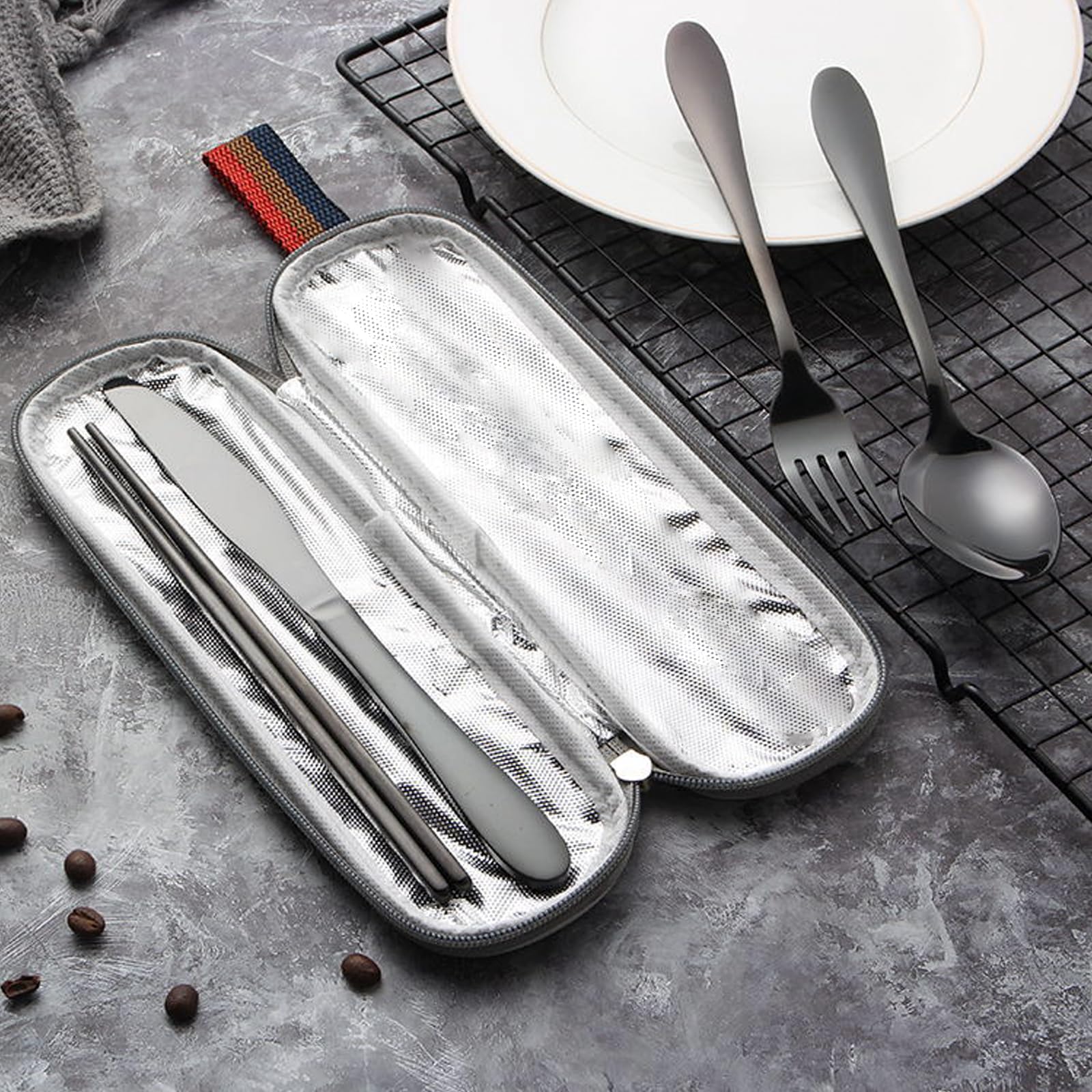 VANRA Portable Travel Utensils Set with Case 4-Piece Stainless Steel Camping Cutlery Set Reusable Silverware Set for Work Fork Spoon Knife Chopstick for Lunch Box School Picnic (Black)