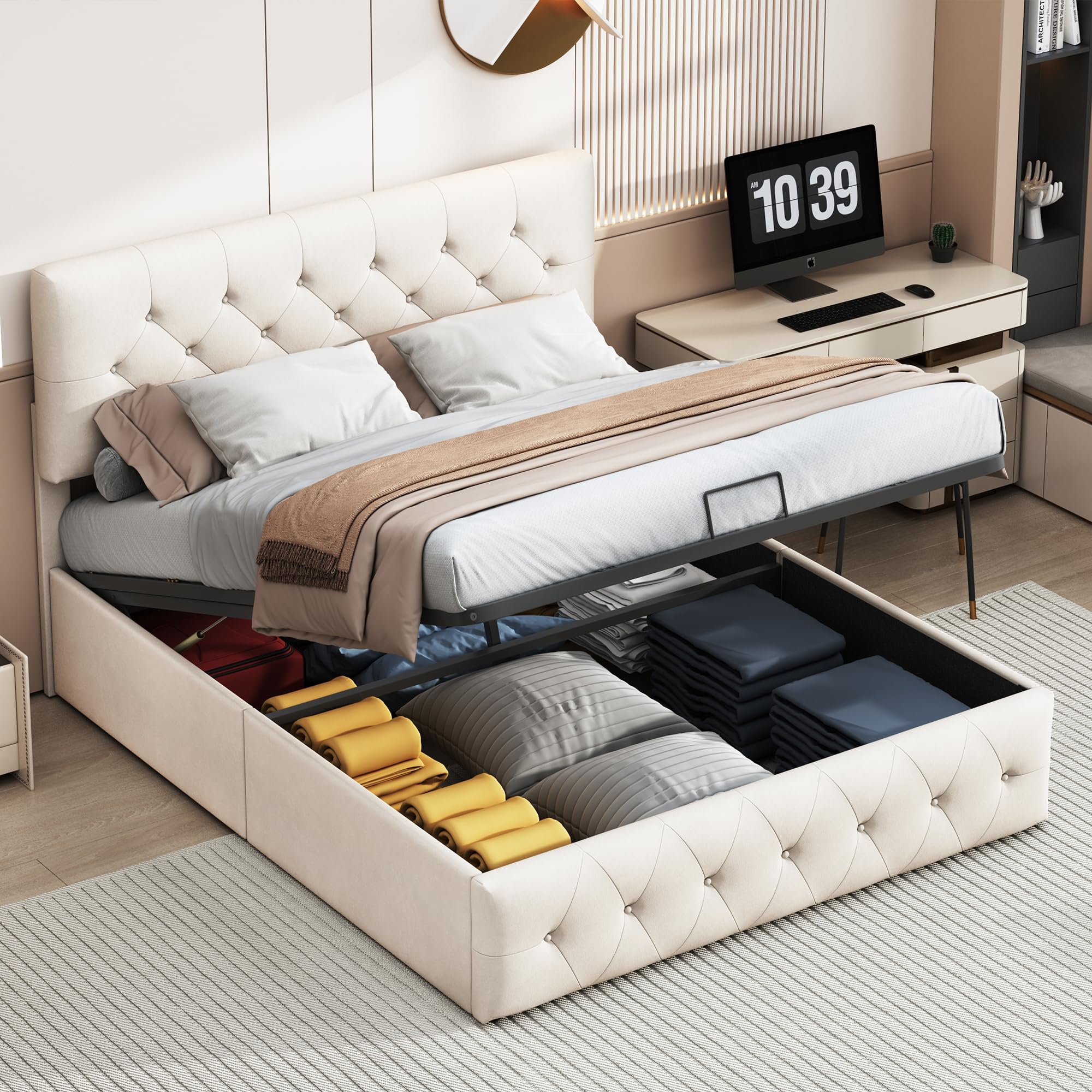BRILVERDE Letto imbottito 160 x 200, letto matrimoniale con spazio e rete a doghe, letto idraulico, testiera regolabile, velluto (Beige, 160x200cm)