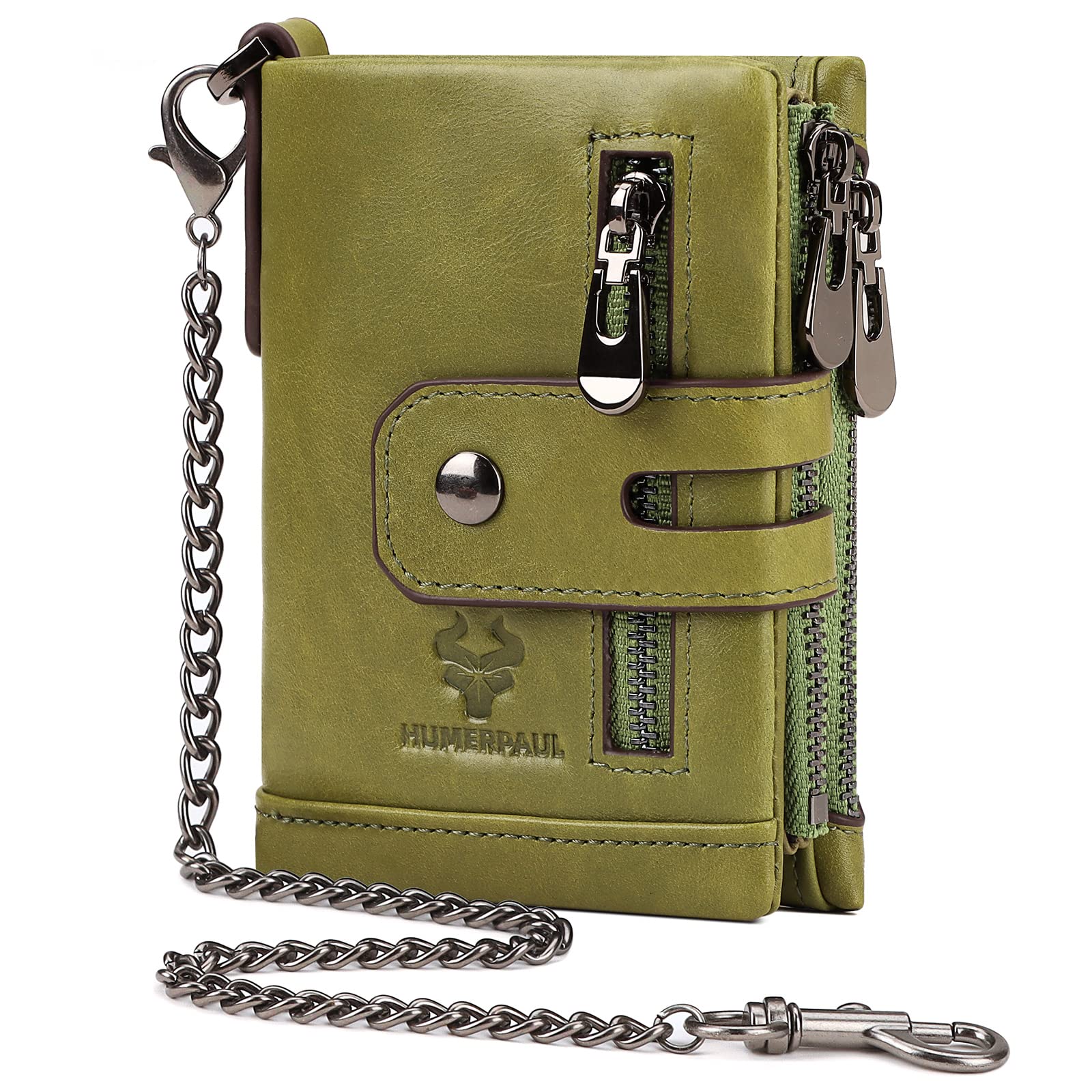 HUMERPAUL Chain Wallet for Men, Biker Mens Wallet with Sturdy Chain, RFID Blocking Men's Leather Bifold Purse with ID Window and Zip Coin Pocket (Green)
