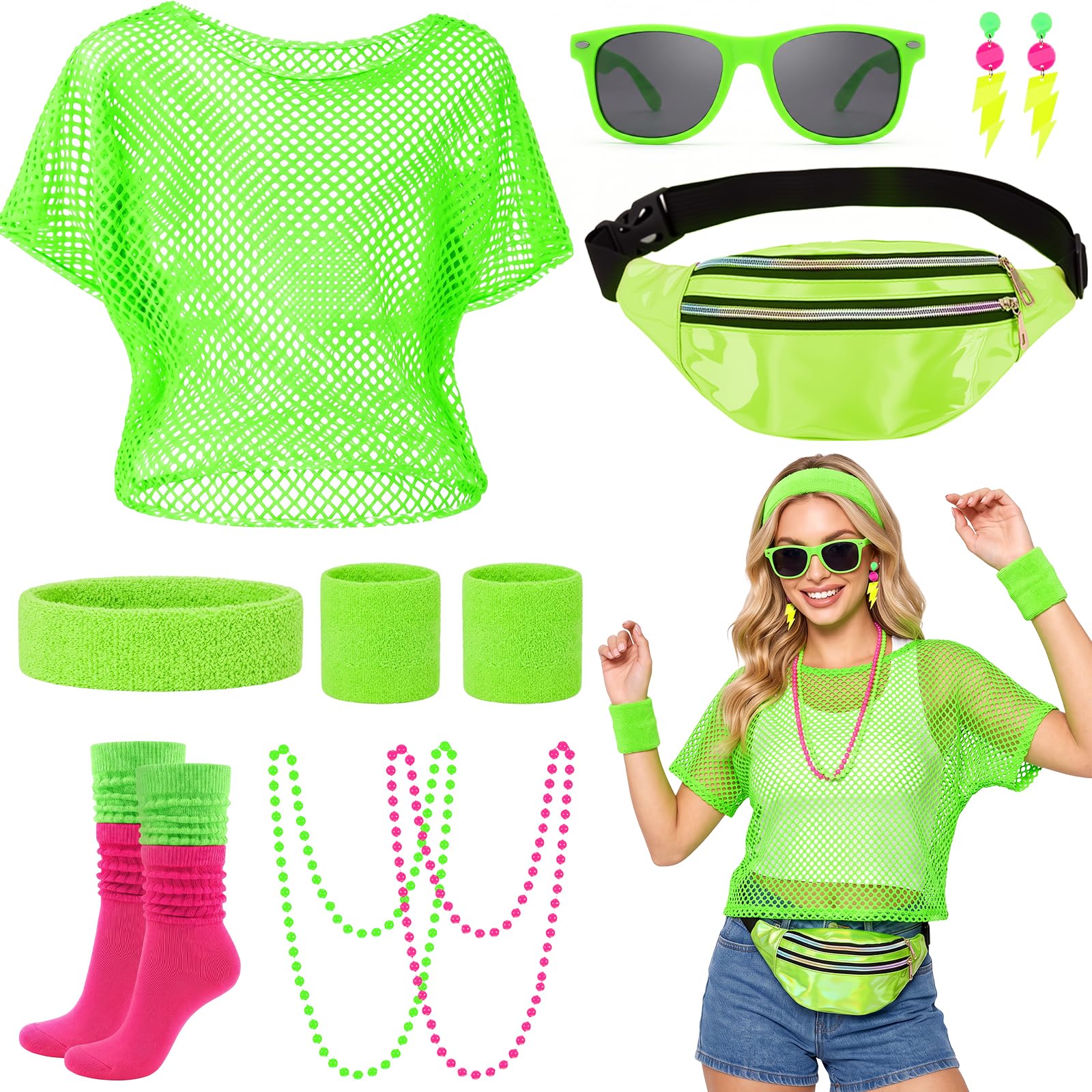 BYLUBON 8Pcs 80s Fancy Dress Women Neon Pink Costume, Bum Bag & Leg Warmers