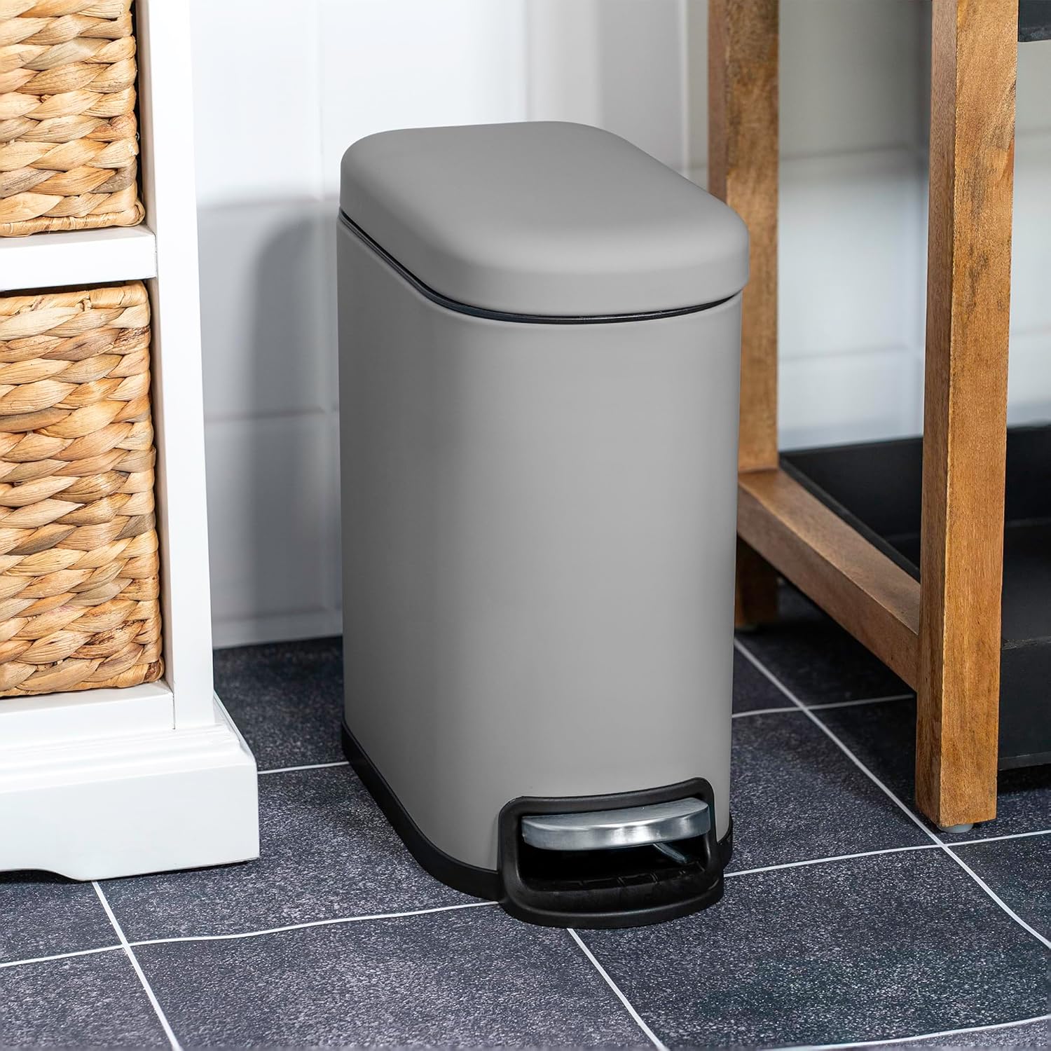 ACENTO Slim Rectangular Bin with Lid, Small Covered Trashcan Matte Gray, 1.3 Gallon 5L, Soft Close Pedal Garbage Bin, Removable Bucket Dustbin for Kitchen, Bedroom, Office, Dorm, Apartment