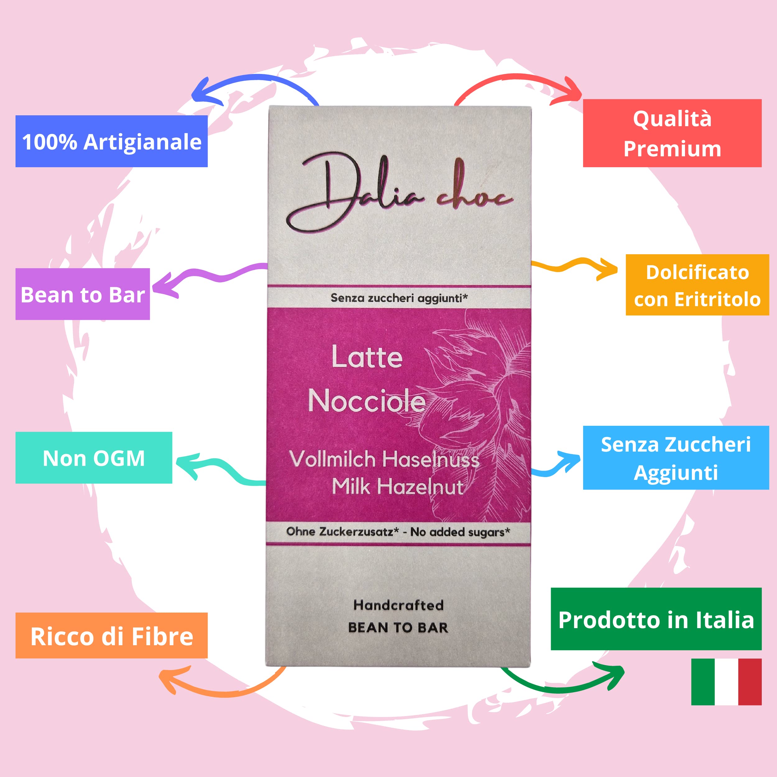 Dalia Choc - Tavolette di cioccolato PREMIUM - 10 Pezzi | Senza Aggiunta di Zuccheri | Prodotto in ITALIA | BEAN TO BAR - LATTE-NOCCIOLE
