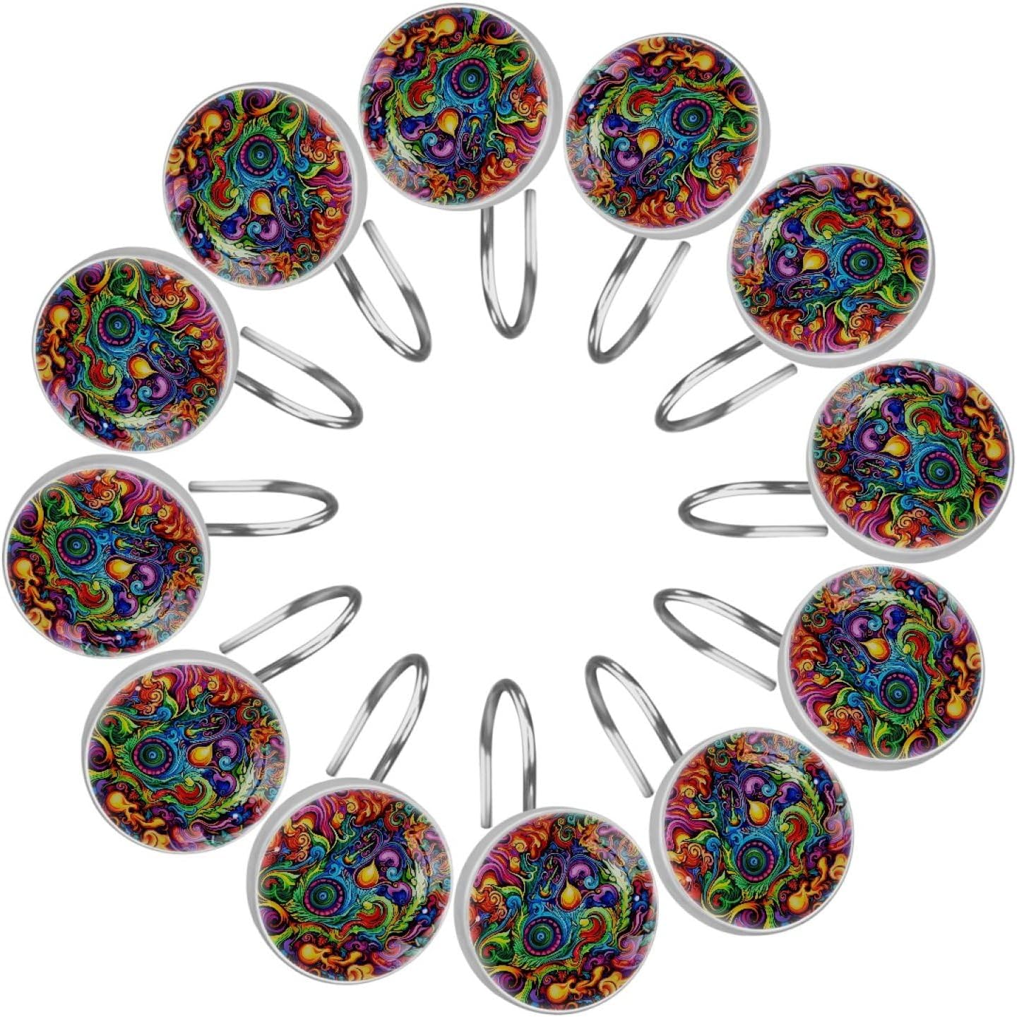 Shower Curtain Hooks Decorative, Floral Abstract Colorful Art, Set of 12, Metal Shower Curtain Rings for Bathroom