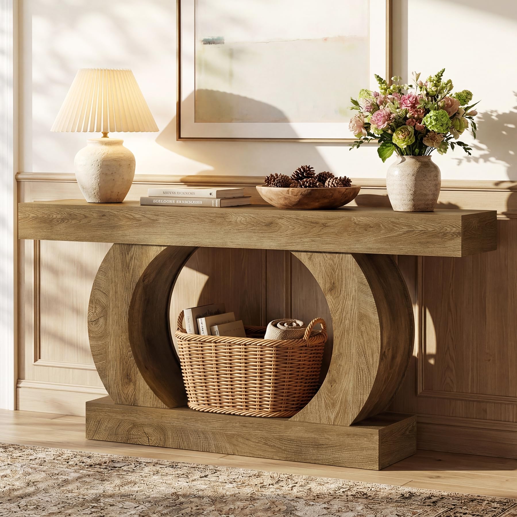 Tribesigns Konsolentisch 150 cm, schmaler Flurtisch mit runder offener Basis und Zwei Ablageflächen, Landhausstil, Sofatisch für Hausflur, Wohnzimmer oder hinter der Couch, Eichen-Optik, Hellbraun