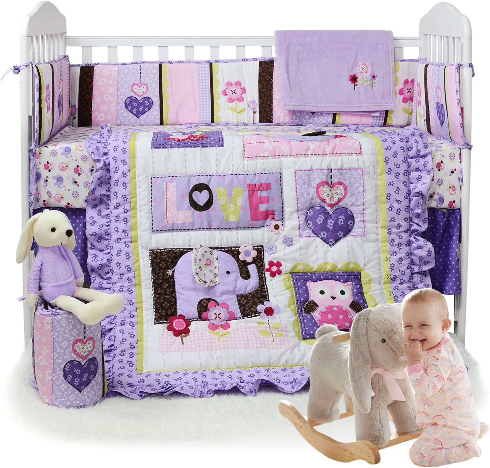 Brandream Crib Bedding Set 3 Pieces Purple Baby Girls Cotton Patchwork Flowers Elephant Owl Nursery with Ruffle Design, Princess Lovely Cute Breathable HealthyOEKO-TEX STANDARD 100