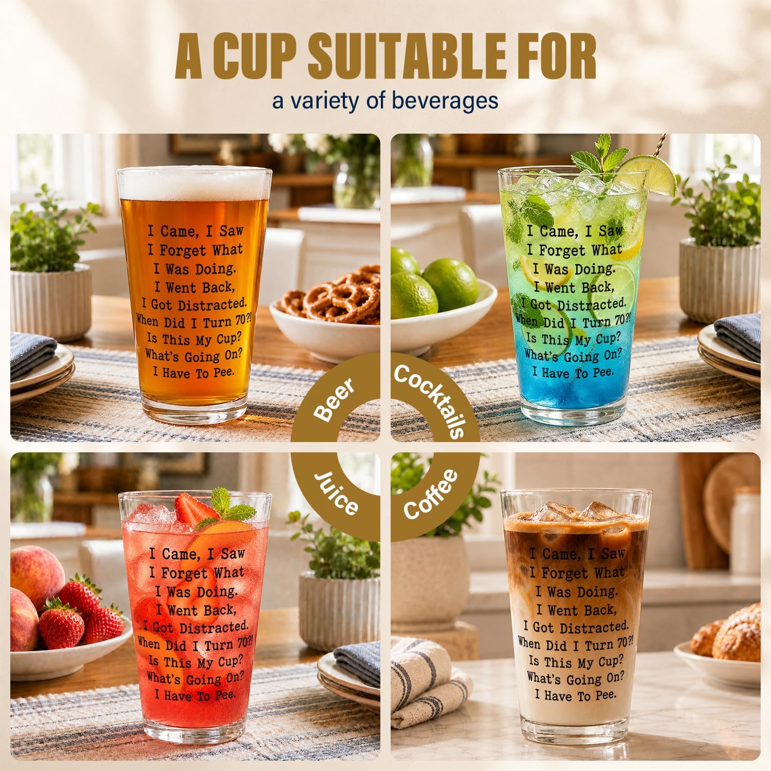 70th Birthday Gifts for Men Women Pint Glass — I Came, I Saw, I Forgot... Funny 70 Year Old Birthday Gifts for Men | Unique 1956 Birthday Gifts for Men,16 Oz Beer, Cocktail, Coffee & Milk Glass