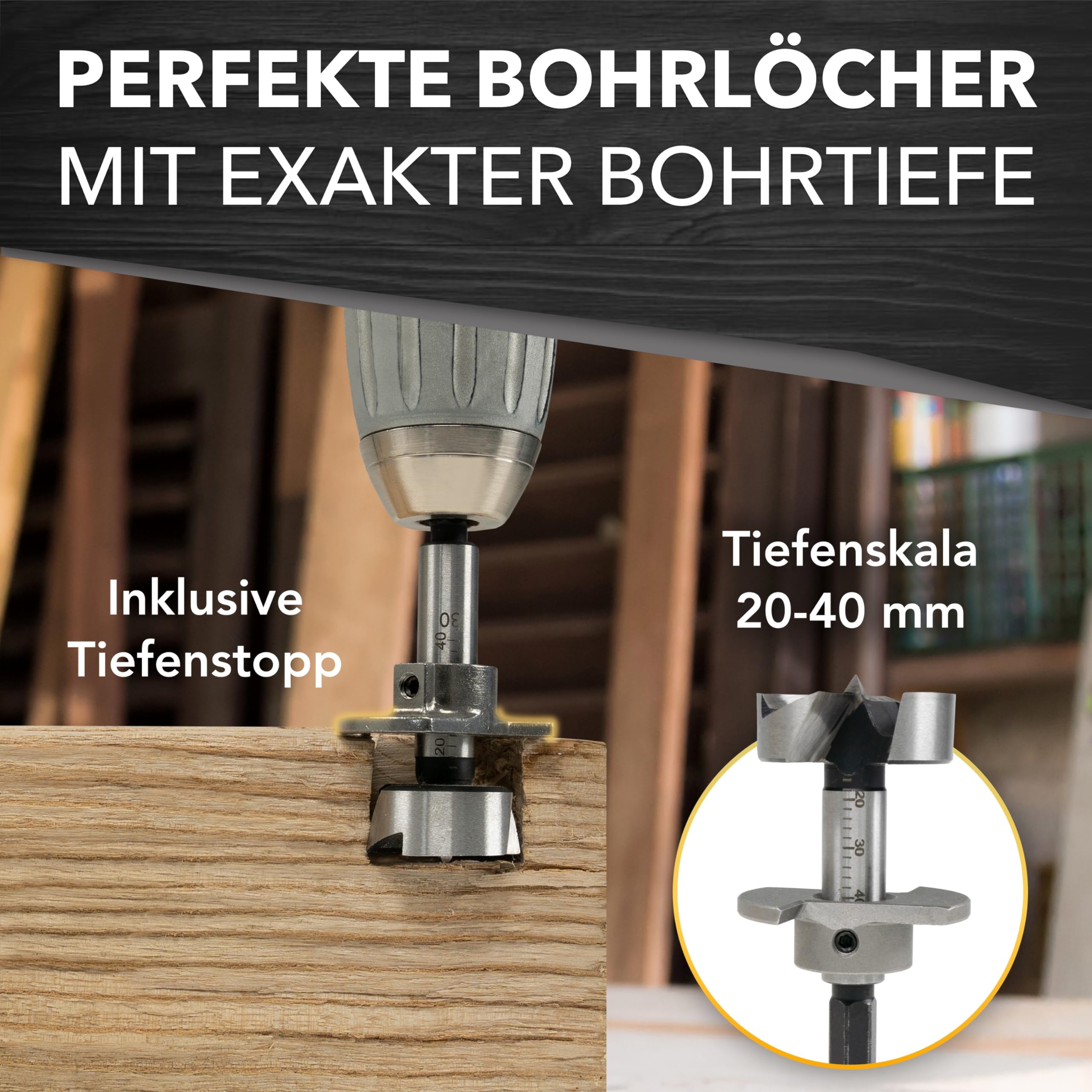 monkeystrong Forstnerbohrer Set 15-40mm 13-tlg mit Tiefenstopp & Schablone | Topfbohrer, Scharnierbohrer, Astlochbohrer, Sacklochbohrer, Kunstbohrer, für Hartholz, Weichholz, MDF & Spanplatte