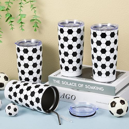 Miniatura 5 de 4 vasos de fútbol para los amantes de los deportes, vaso de fútbol de acero inoxidable de 20 onzas, taza de café, vaso aislado al vacío con tapas