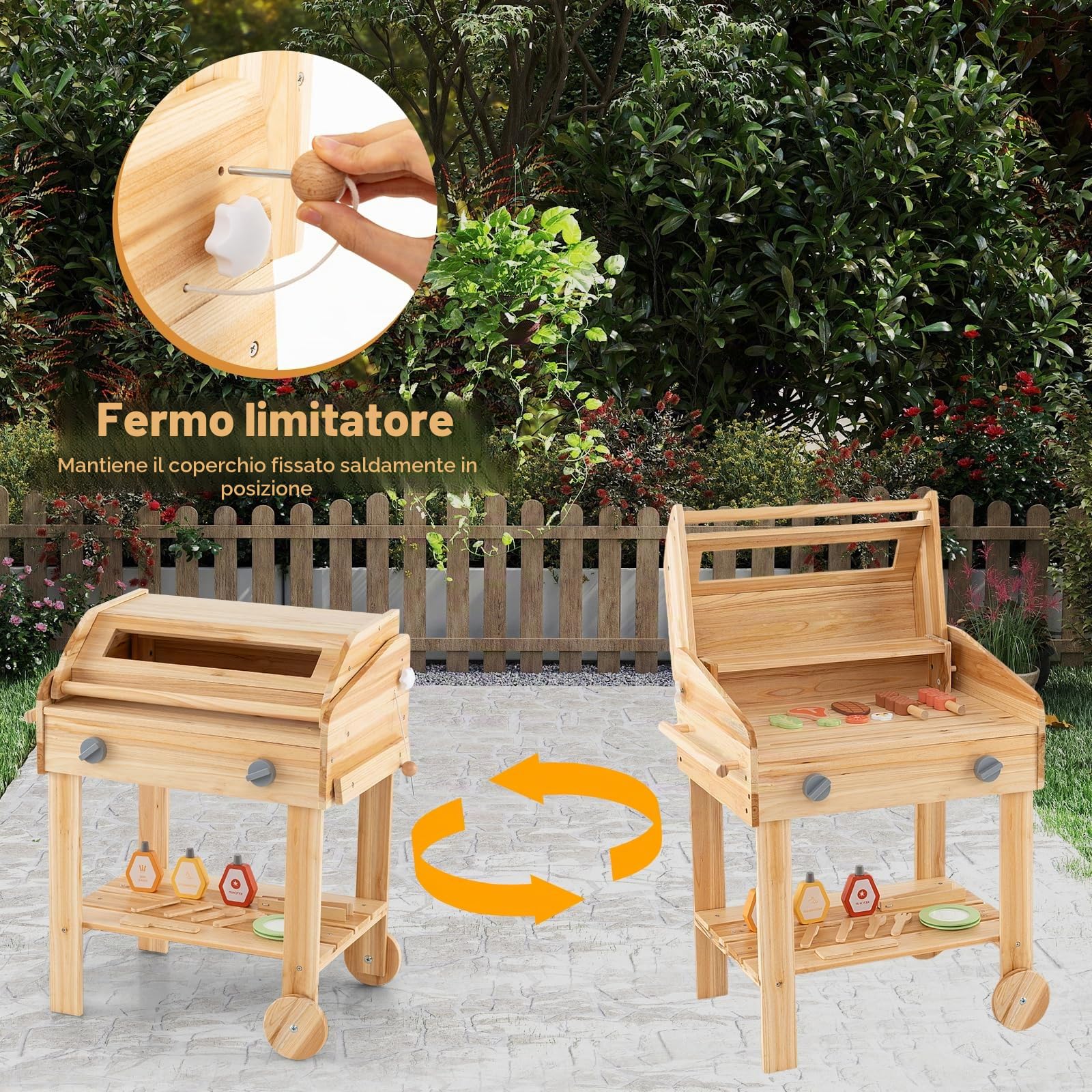 HOMASIS Barbecue Giocattolo per Bambini in Legno, Gioco Griglia Bambini con Utensili da Barbecue e Barattoli di Spezie, Cucina per Bambini dai 3 Anni in su, 53 x 36 x 63 cm, Naturale