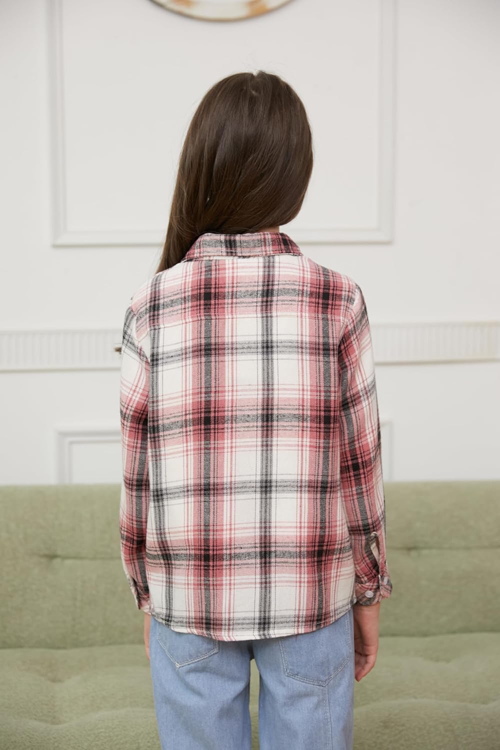 Betusline Girls' Flannel Plaid Shirt Button Down Long Sleeved Shirts - Image 7