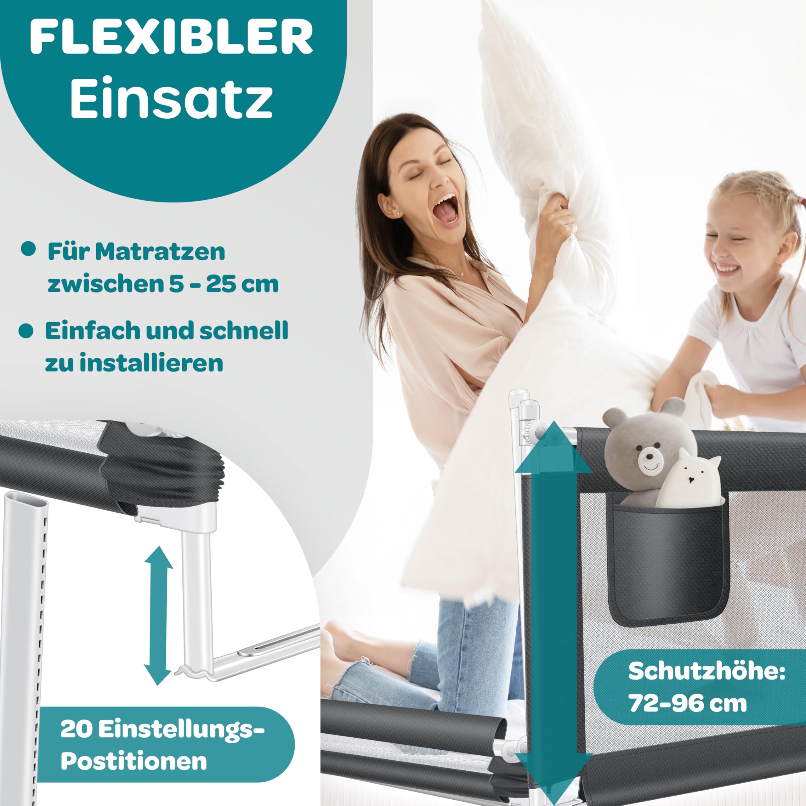 KESSER® Bettschutzgitter 200 cm, Rausfallschutz Bett & Bettgitter Kinderbett, klapp- & höhenverstellbar, Kindersicherung Baby Fallschutz, Mesh Netz, Kinderbett Schutzgitter + Tasche, Dunkelgrau
