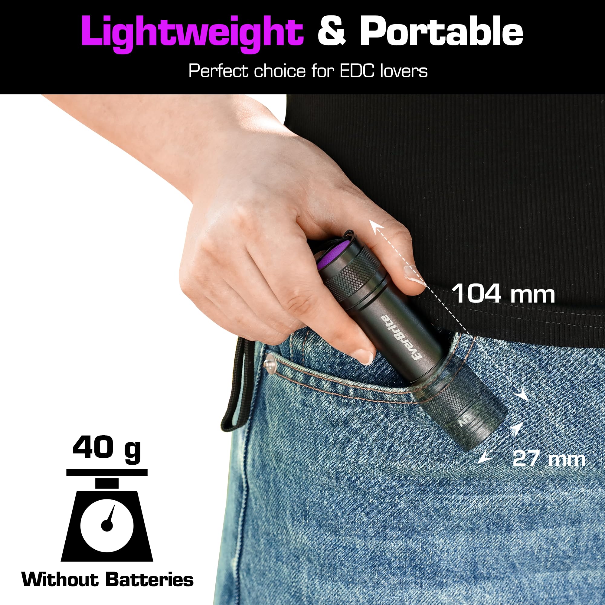 EverBrite Latarka UV 365 nm, czarne światło z 1 W LED i aluminiową obudową, antypoślizgowy uchwyt, czas pracy 18 godzin, wykrywacz moczu zwierząt domowych dla psów i kotów, tester banknotów