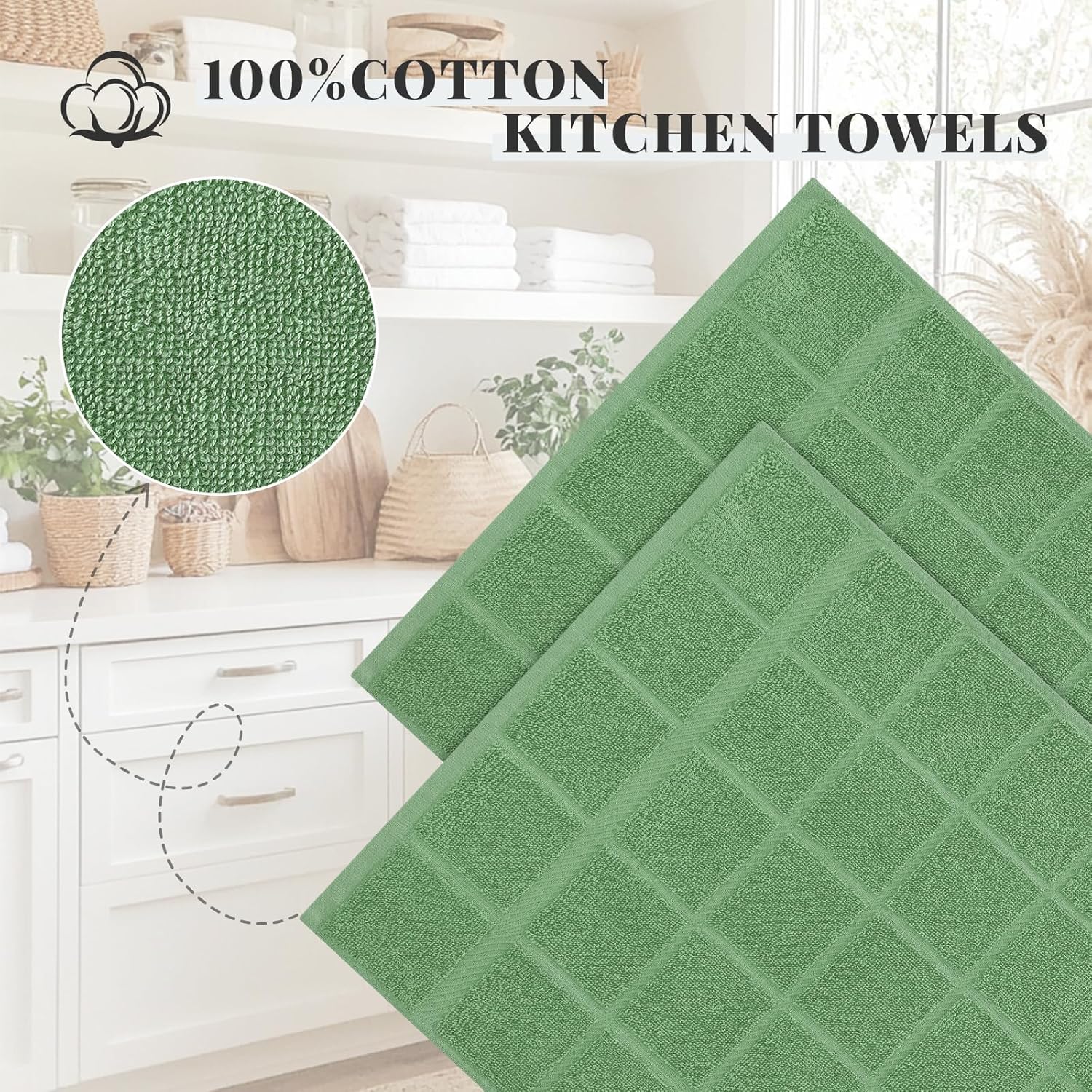 Homaxy Premium Kitchen Towels 18"x28", 4 Pack Large Cotton 380 GSM Dish Towels, Soft and Absorbent Kitchen Hand Towels with Terry Grid Design, Utility Tea Towel Set with Hanging Loop, Grass Green