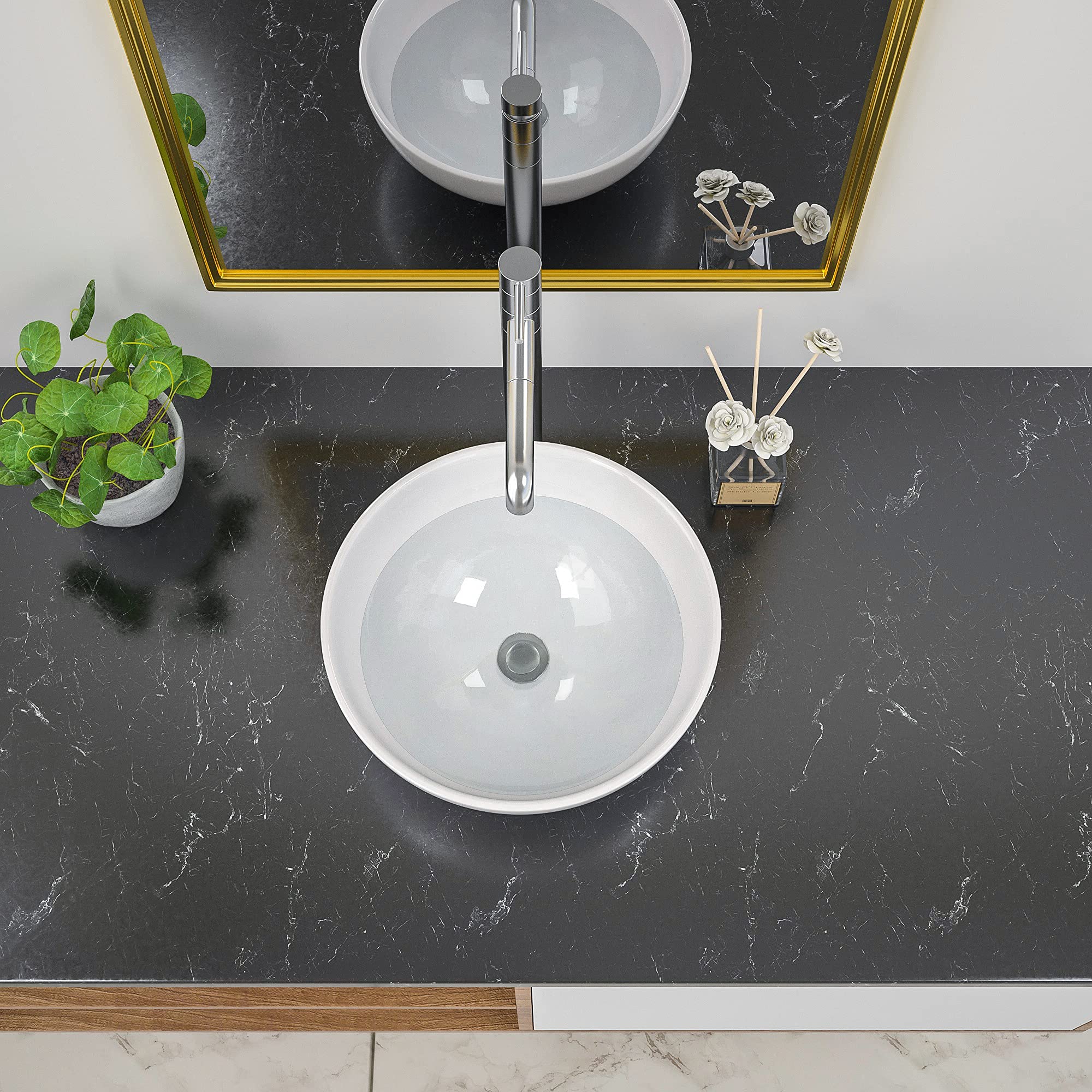 Lepuday Round Ceramic Vessel Sink - 15.75" Matte Black & White, Above Counter Bathroom Basin