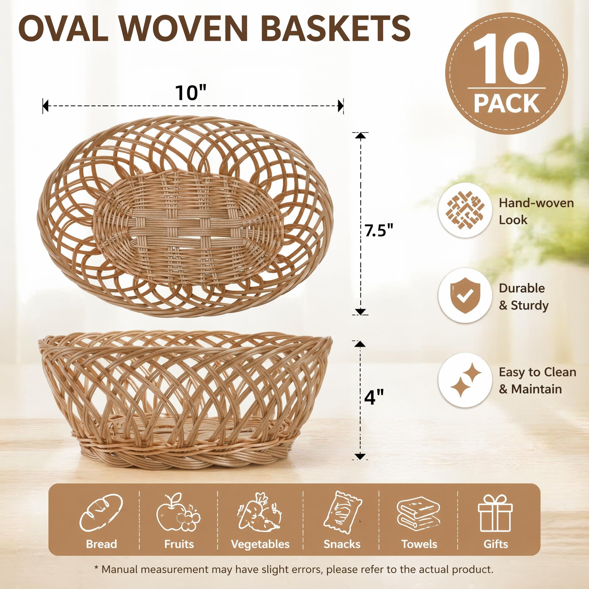 Confezione da 10 cestini ovali in plastica, 25,4 x 19,1 x 10,2 cm, piccoli cestini vuoti per il pane, per cibo e frutta, cesti regalo per cucina, ristorante, feste, centrotavola, Natale