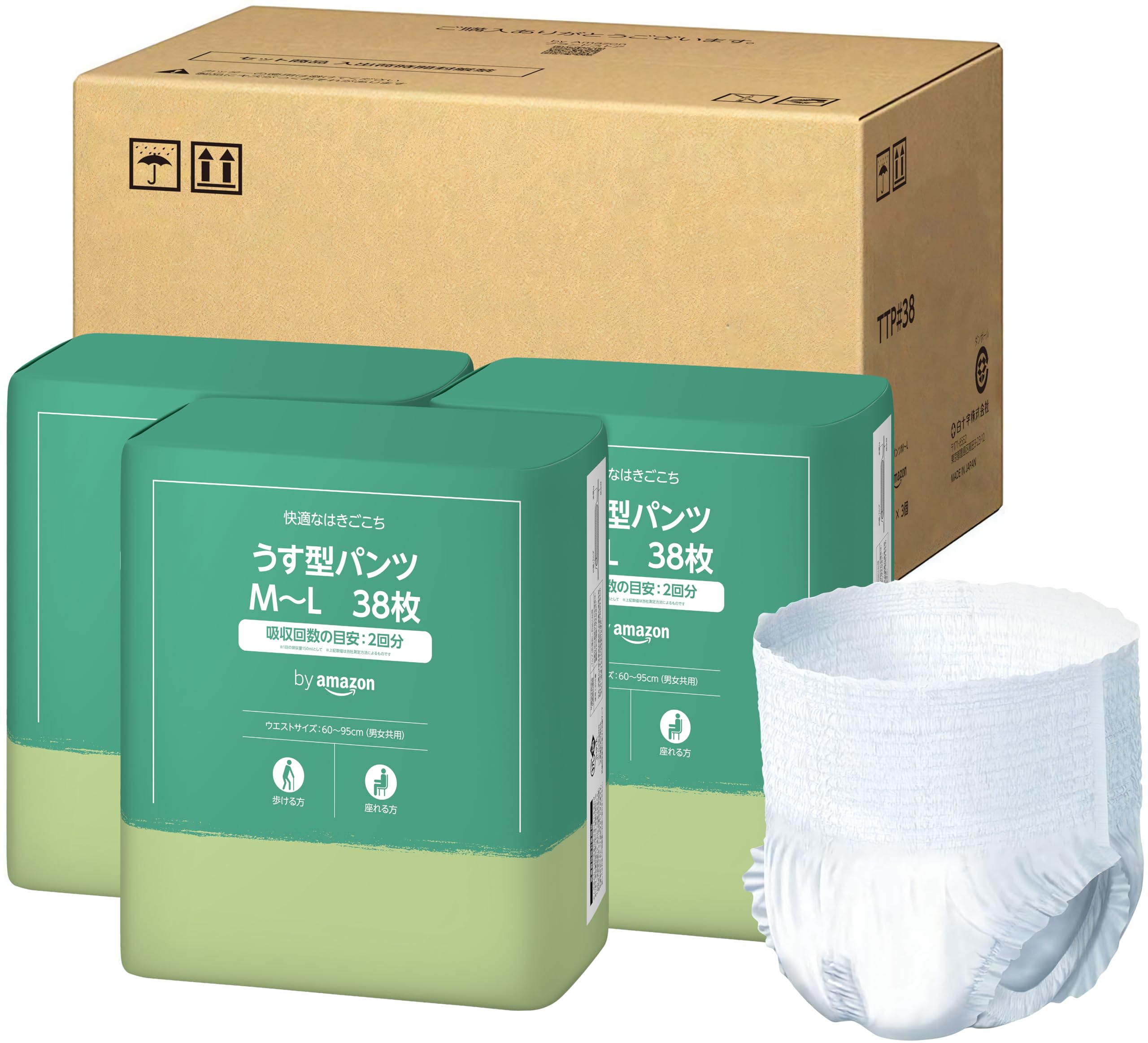 Amazon | by Amazon うす型パンツ 2回吸収 M~L 38枚×3個 大人用