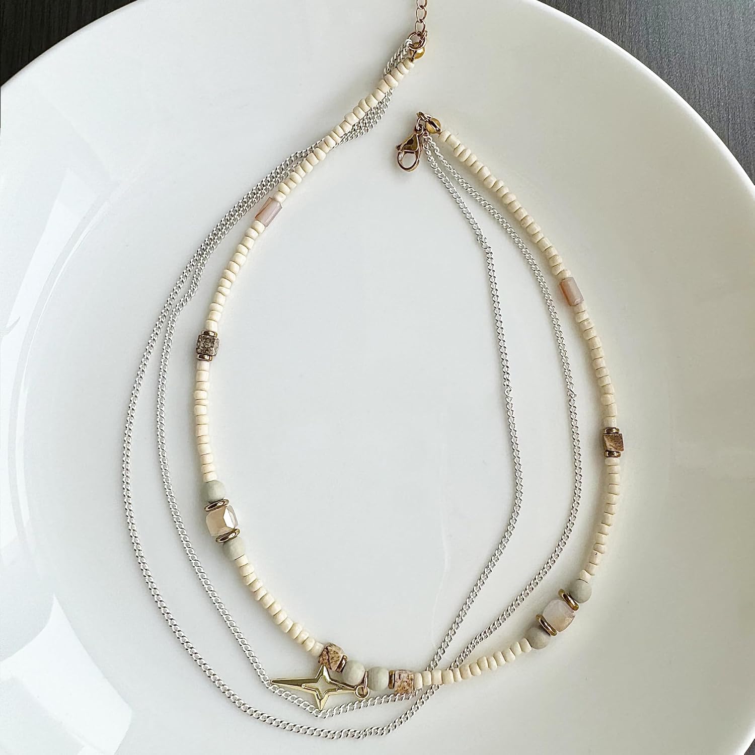 Beaded Necklace for Women Trendy, Boho Beaded Glass Silver Mixed Strand Short Necklace for Women Stacking layered necklaces Summer Beach Jewelry - Image 4